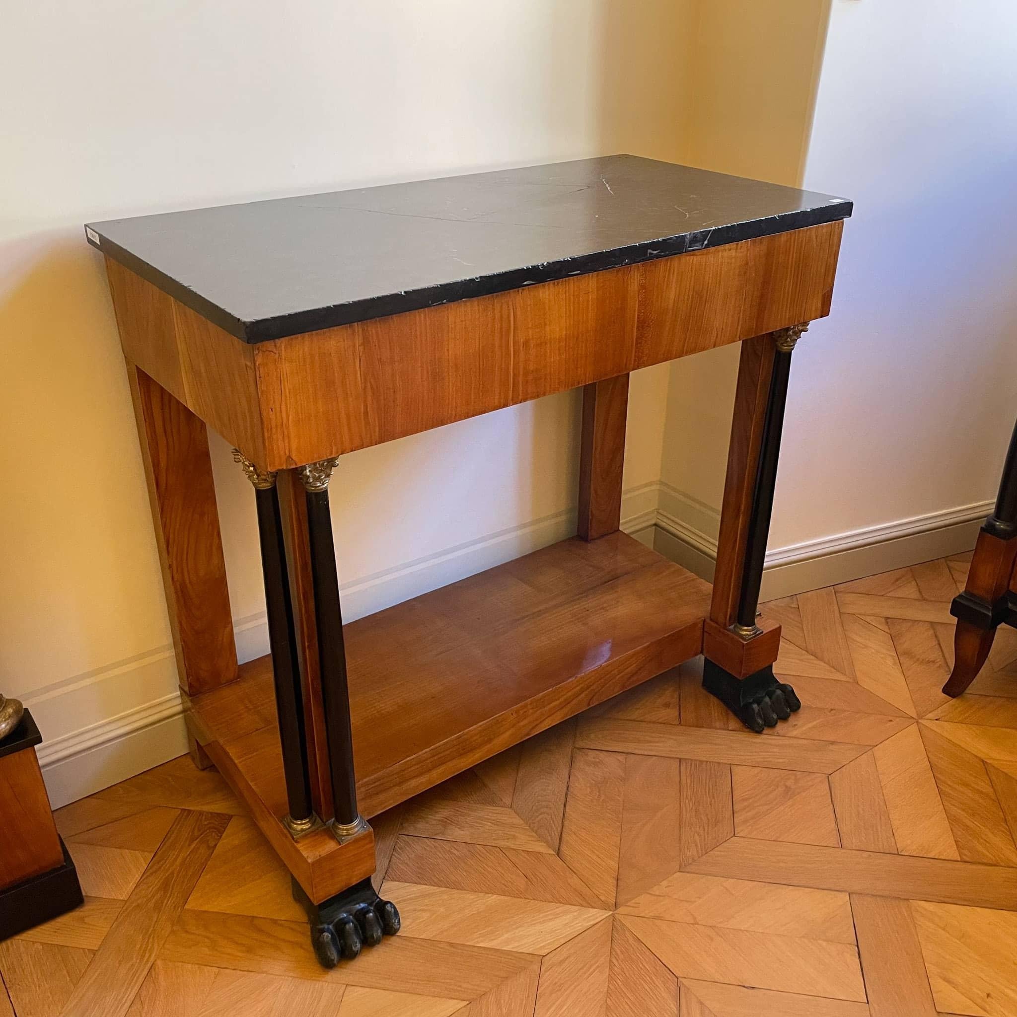 Bronze Biedermeier Cherry Console with Marble Top, West Germany / Rhineland, circa 1820 For Sale