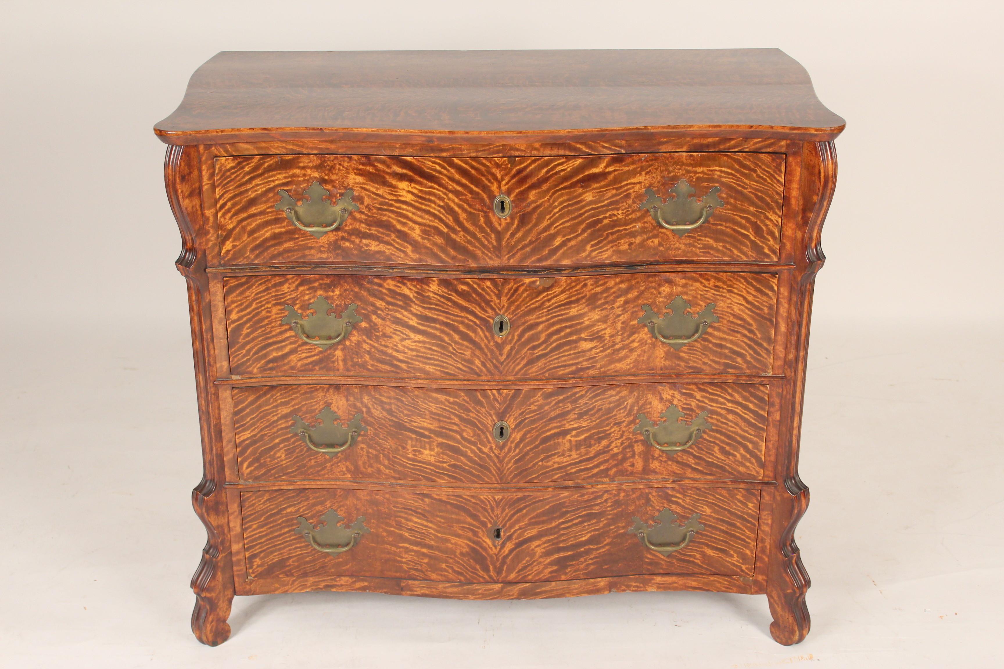 Biedermeier exotic wood chest of drawers, circa 1840. A nice period chest with unusual wood. Excellent quality construction, the bottom and sides are dove tailed together as opposed to being nailed together.