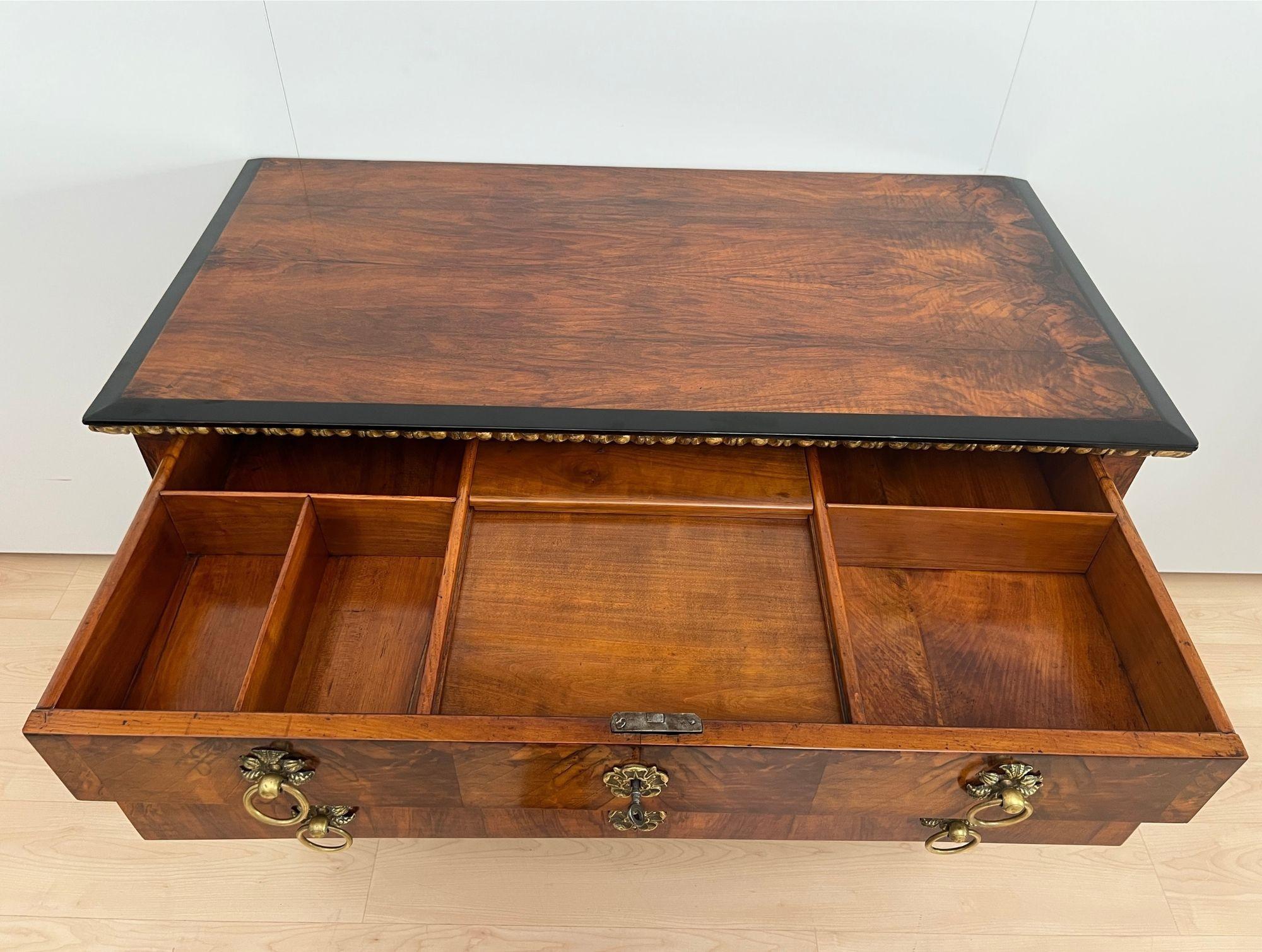 Biedermeier Chest, Walnut Veneer, Cherry, Gold-Leaf, Brass, Austria circa 1815 For Sale 8