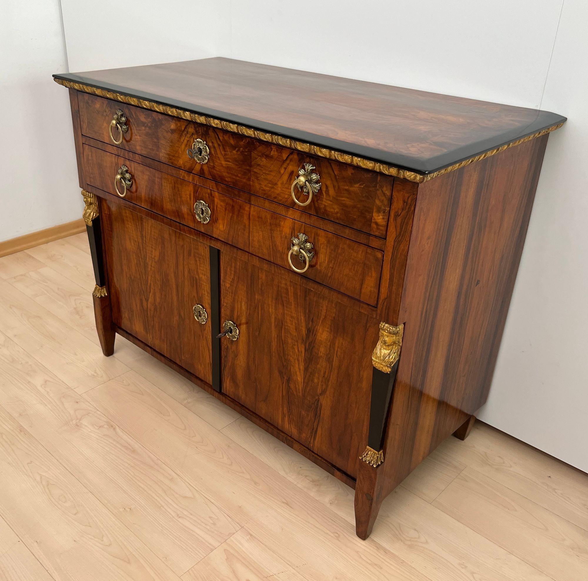 Austrian Biedermeier Chest, Walnut Veneer, Cherry, Gold-Leaf, Brass, Austria circa 1815 For Sale