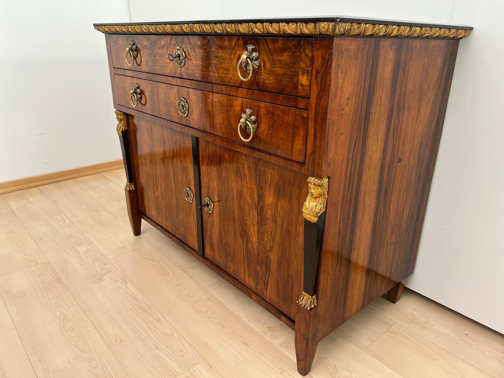 Polished Biedermeier Chest, Walnut Veneer, Cherry, Gold-Leaf, Brass, Austria circa 1815 For Sale