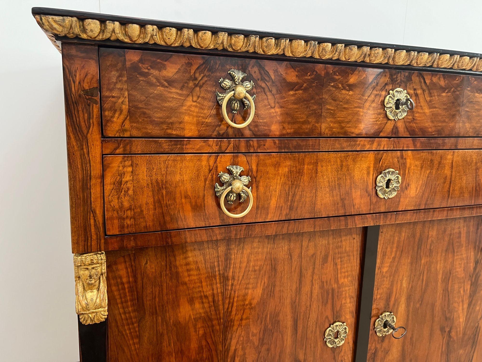 Gold Plate Biedermeier Chest, Walnut Veneer, Cherry, Gold-Leaf, Brass, Austria circa 1815 For Sale