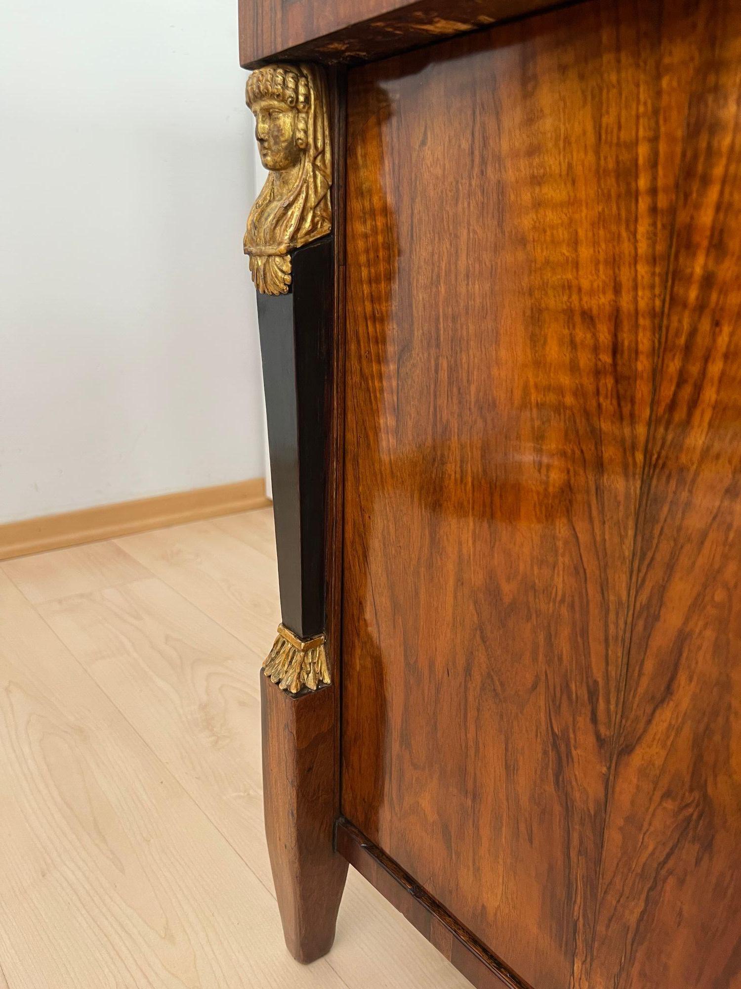 Biedermeier Chest, Walnut Veneer, Cherry, Gold-Leaf, Brass, Austria circa 1815 For Sale 1