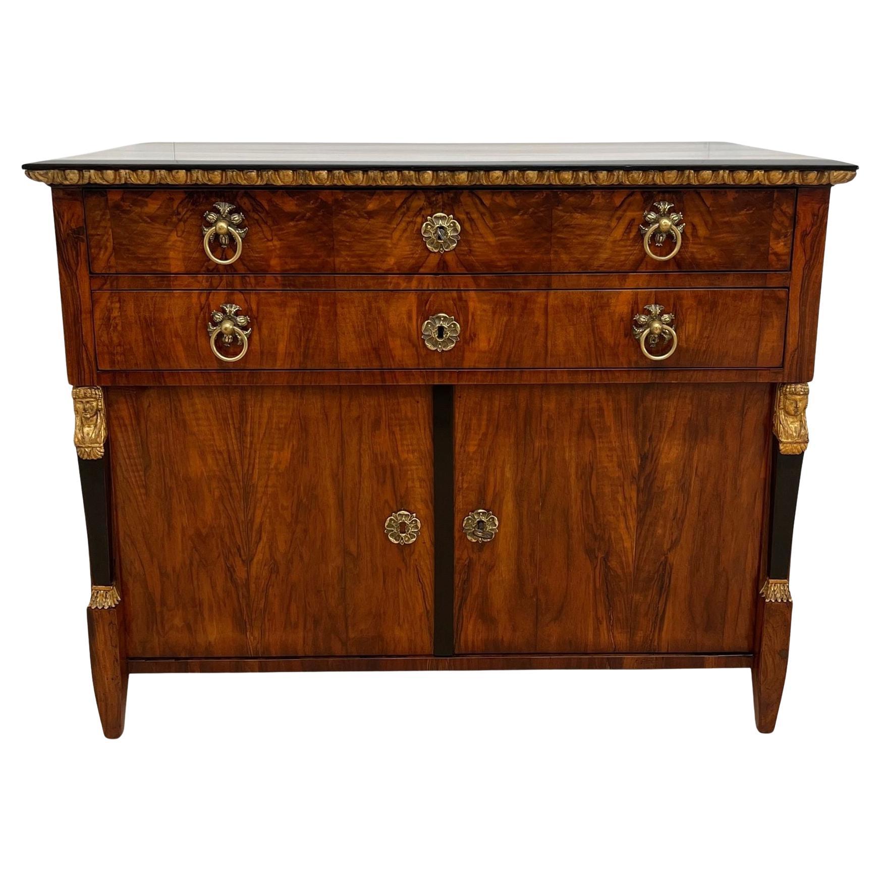 Biedermeier Chest, Walnut Veneer, Cherry, Gold-Leaf, Brass, Austria circa 1815 For Sale