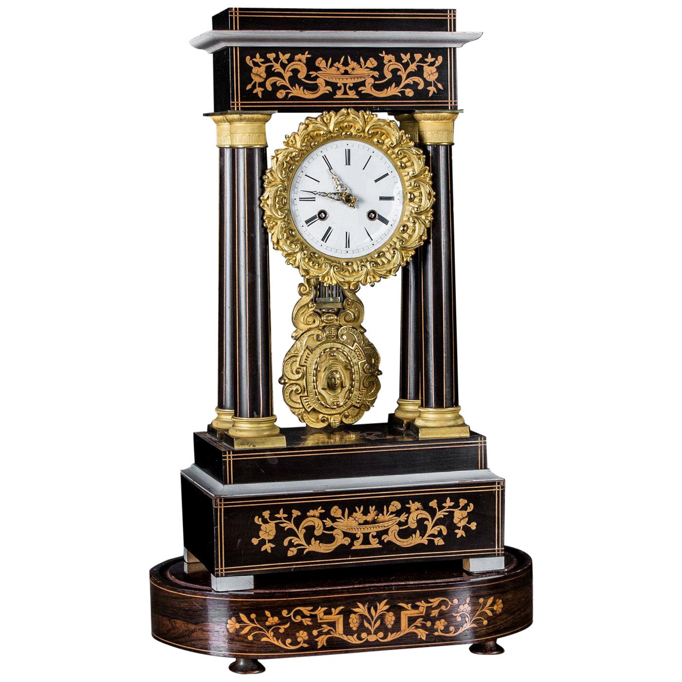 Biedermeier Chimney Clock with Inlays, circa 1860 For Sale