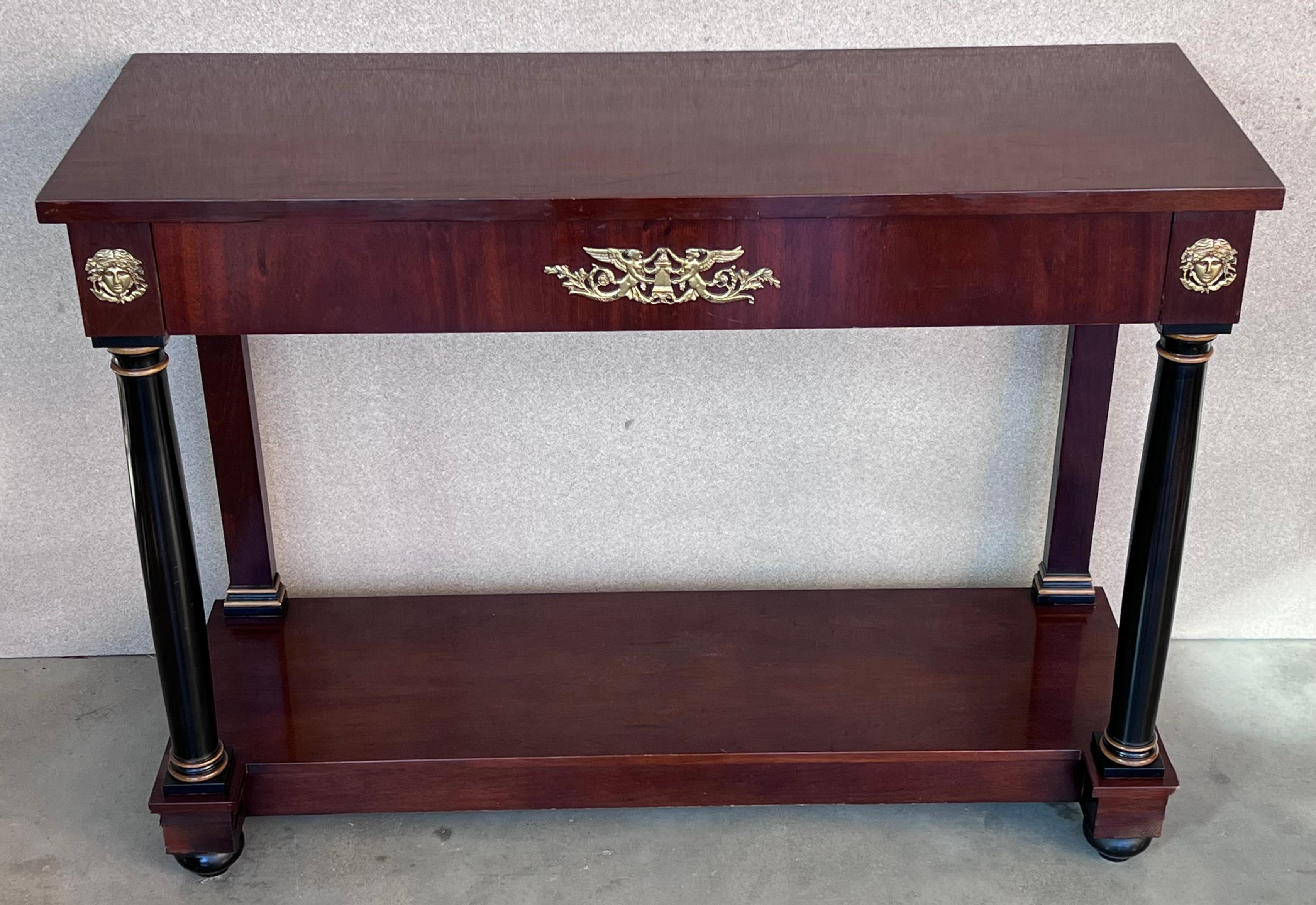 European Biedermeier Console with Ebonized Columns and Bronze Mounts and Drawer For Sale