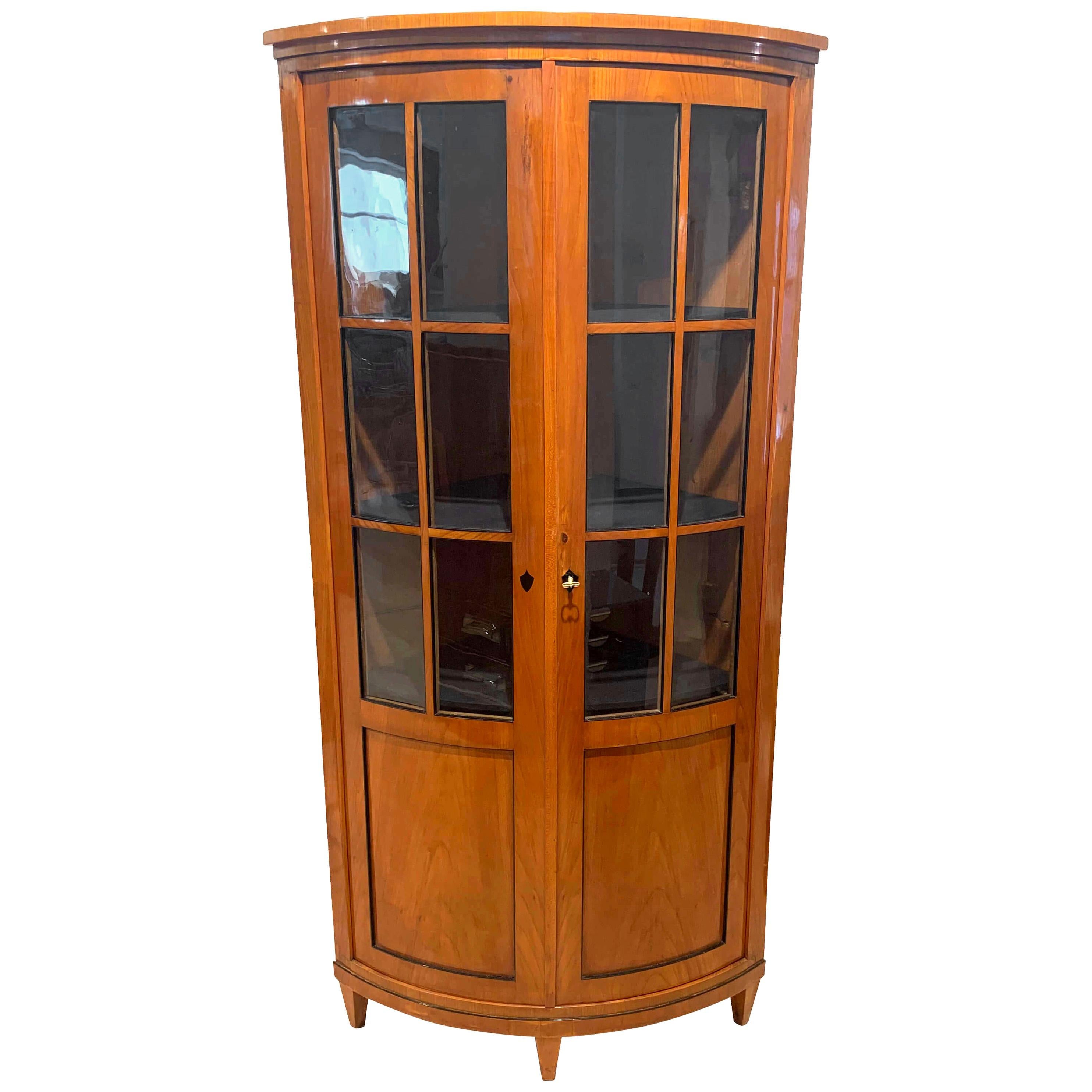 Biedermeier Corner Showcase or Vitrine, Cherry Veneer, South Germany, circa 1880