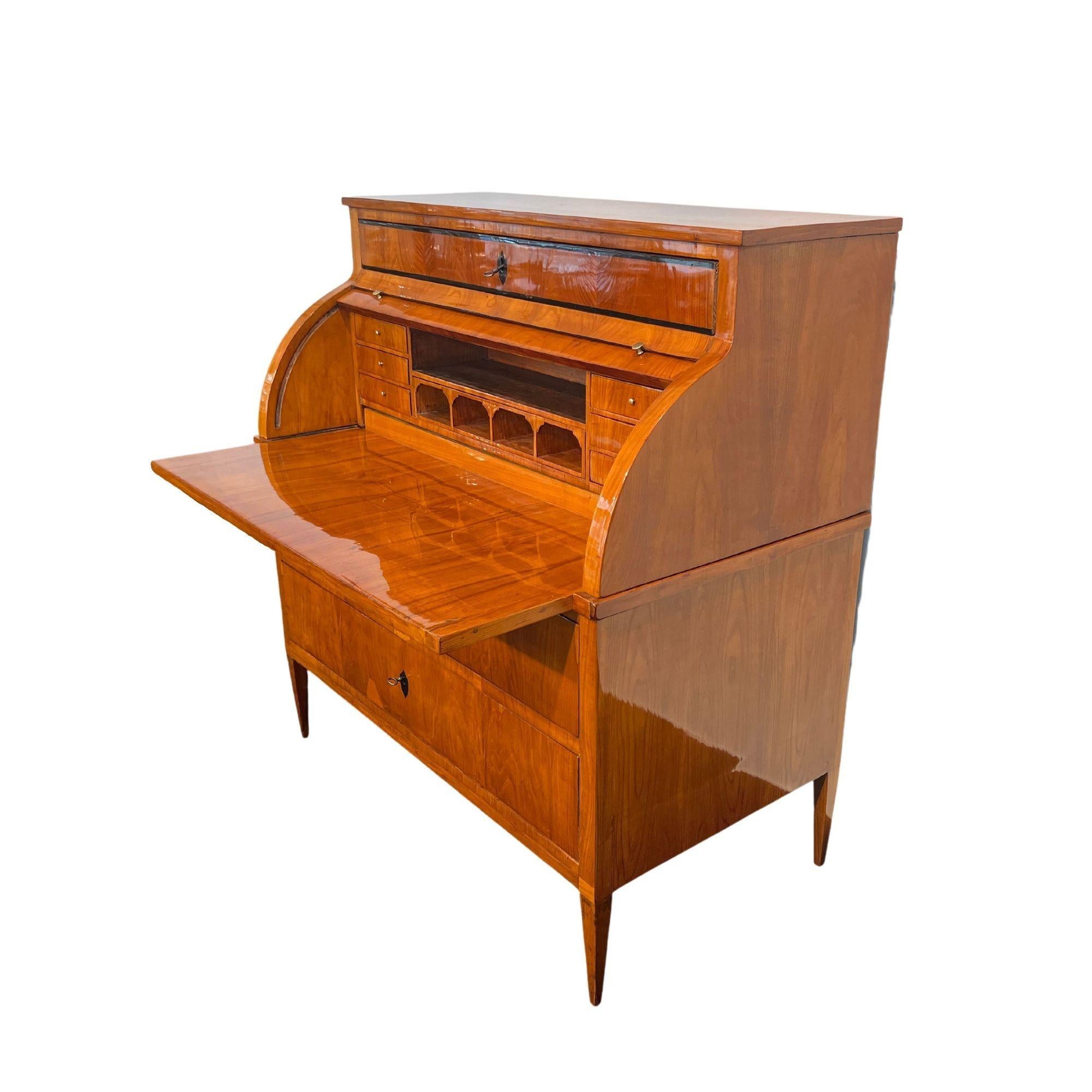 Ebonized Biedermeier Cylinder Secretaire, Cherry Veneer, South Germany circa 1820