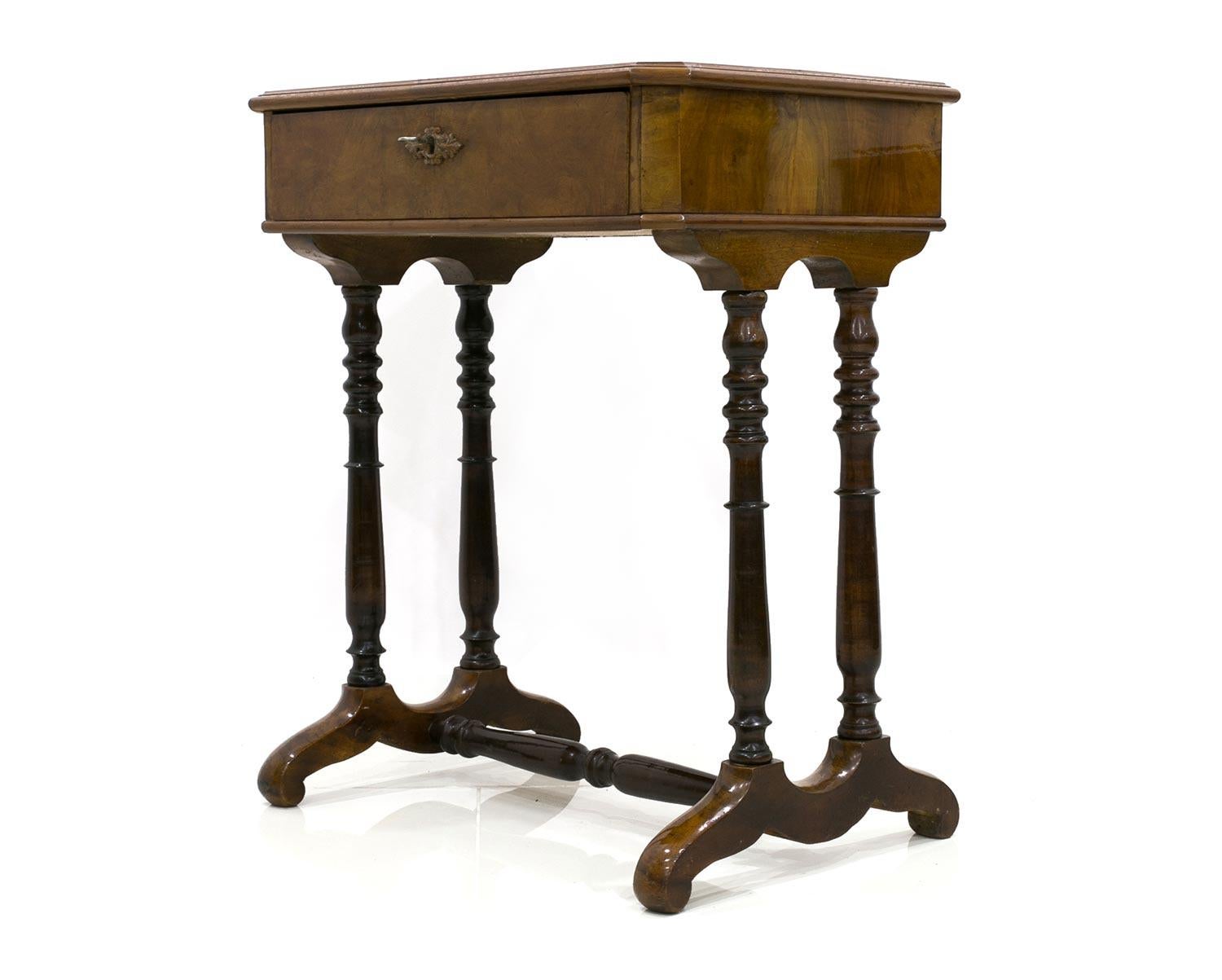 Decorative table, so-called thread table in the Biedermeier style. The furniture has been subjected to very delicate and professional restoration. The origin country is France. The piece was manufactured circa 1820-1830. This thread table is