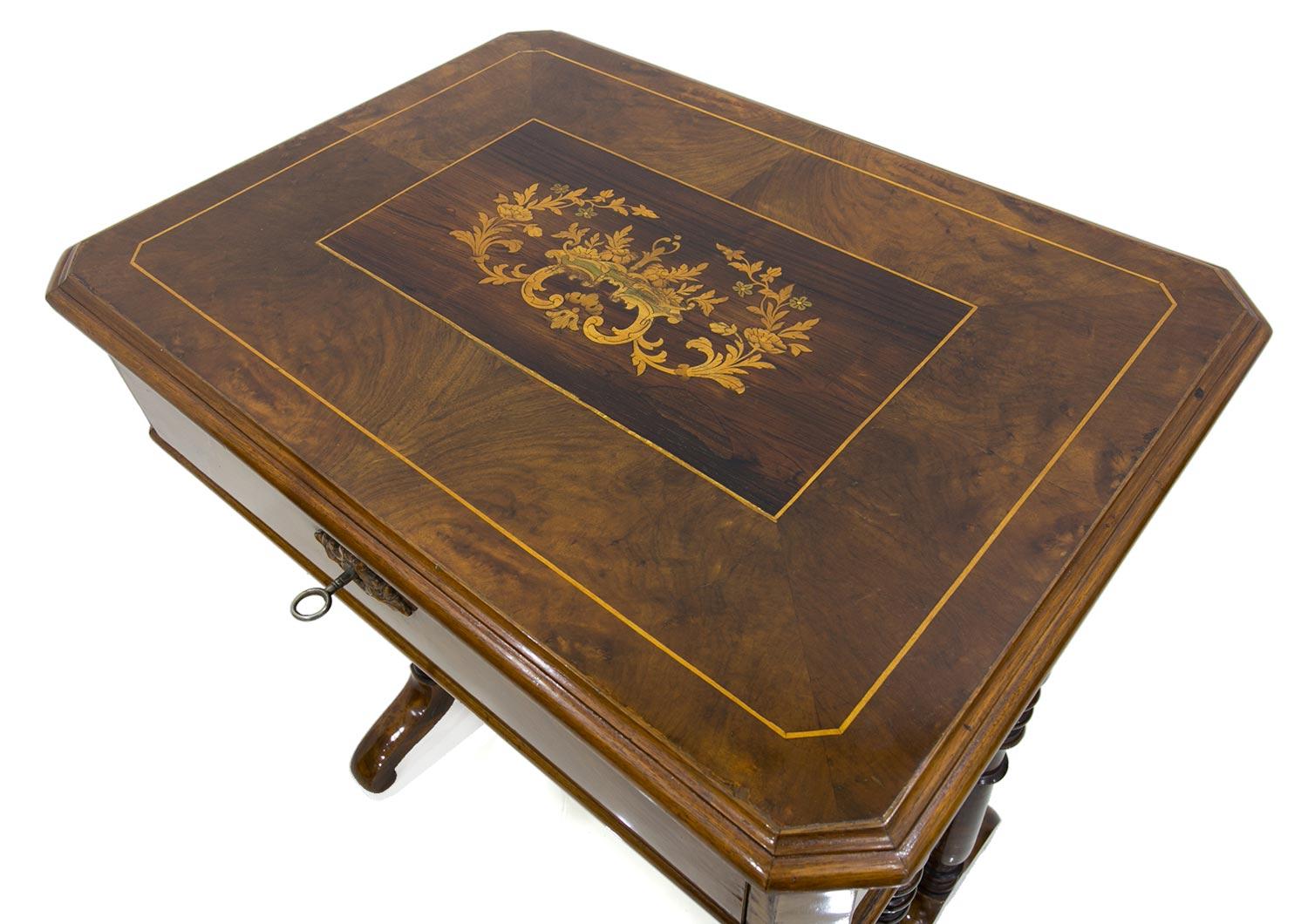 Wood Biedermeier Decorative Thread Table with Marquetry Details, France, circa 1820 For Sale