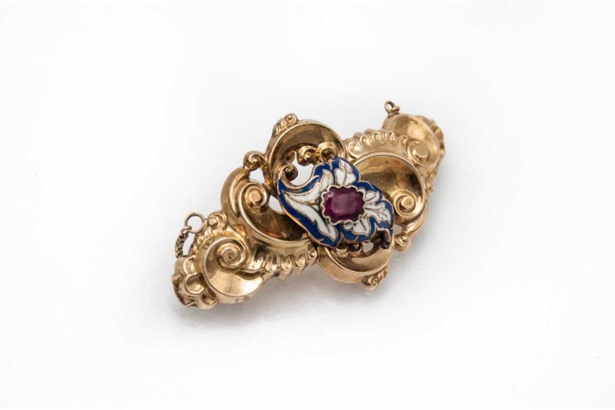 Women's or Men's Biedermeier demi-parure, gold bracelet and brooch with garnets & enamel, 1850s. For Sale