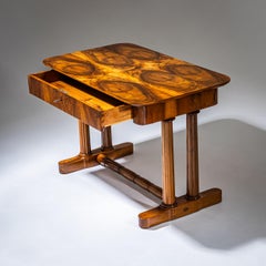 Biedermeier Desk, Walnut Veneer, Restored, Fluted Legs, Circa 1830