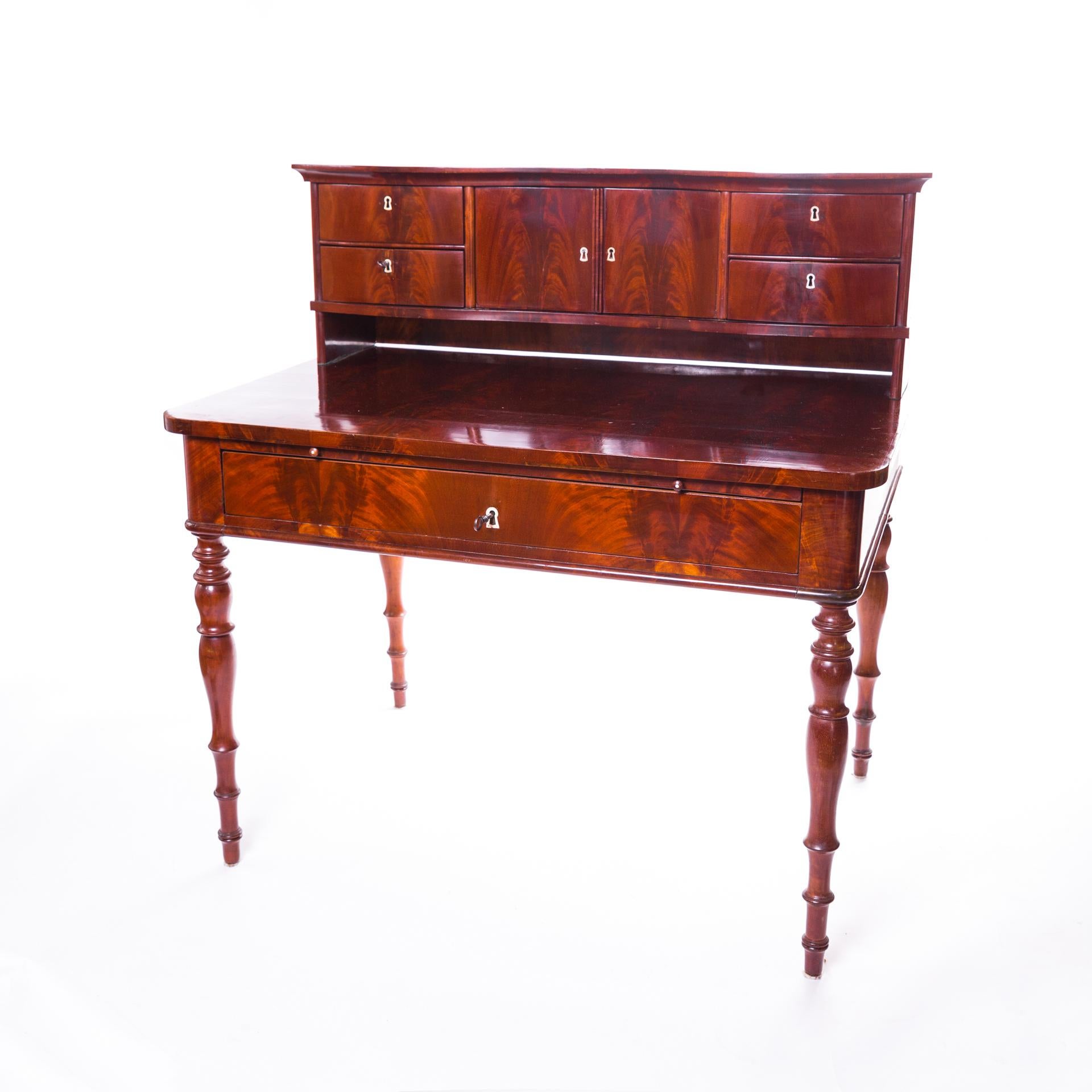 Mid-19th Century Biedermeier Desk with Extension, Polished Mahogany, Dark, Wooden, circa 1840 For Sale