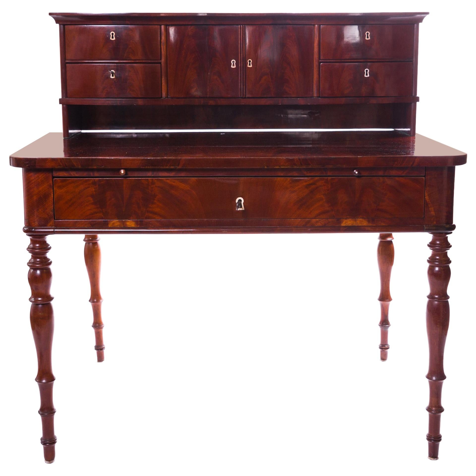 Biedermeier Desk with Extension, Polished Mahogany, Dark, Wooden, circa 1840 For Sale