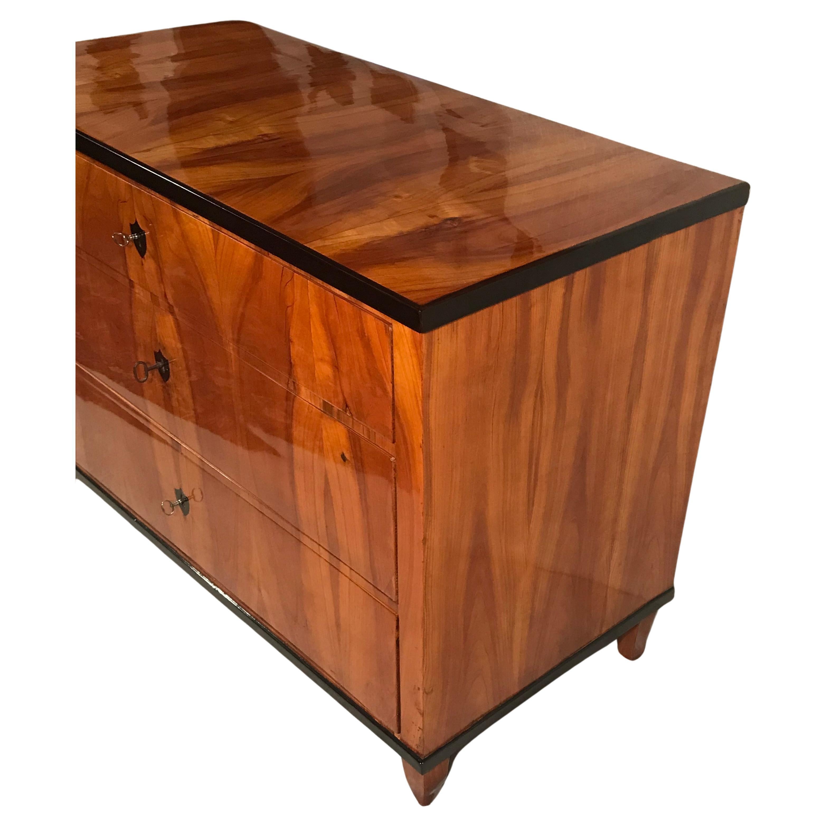 Discover a unique Biedermeier dresser dating back to around 1820, originating from southern Germany. This exquisite piece features a stunning book-matched European cherry veneer with ebonized details, showcasing the craftsmanship of the era.

With