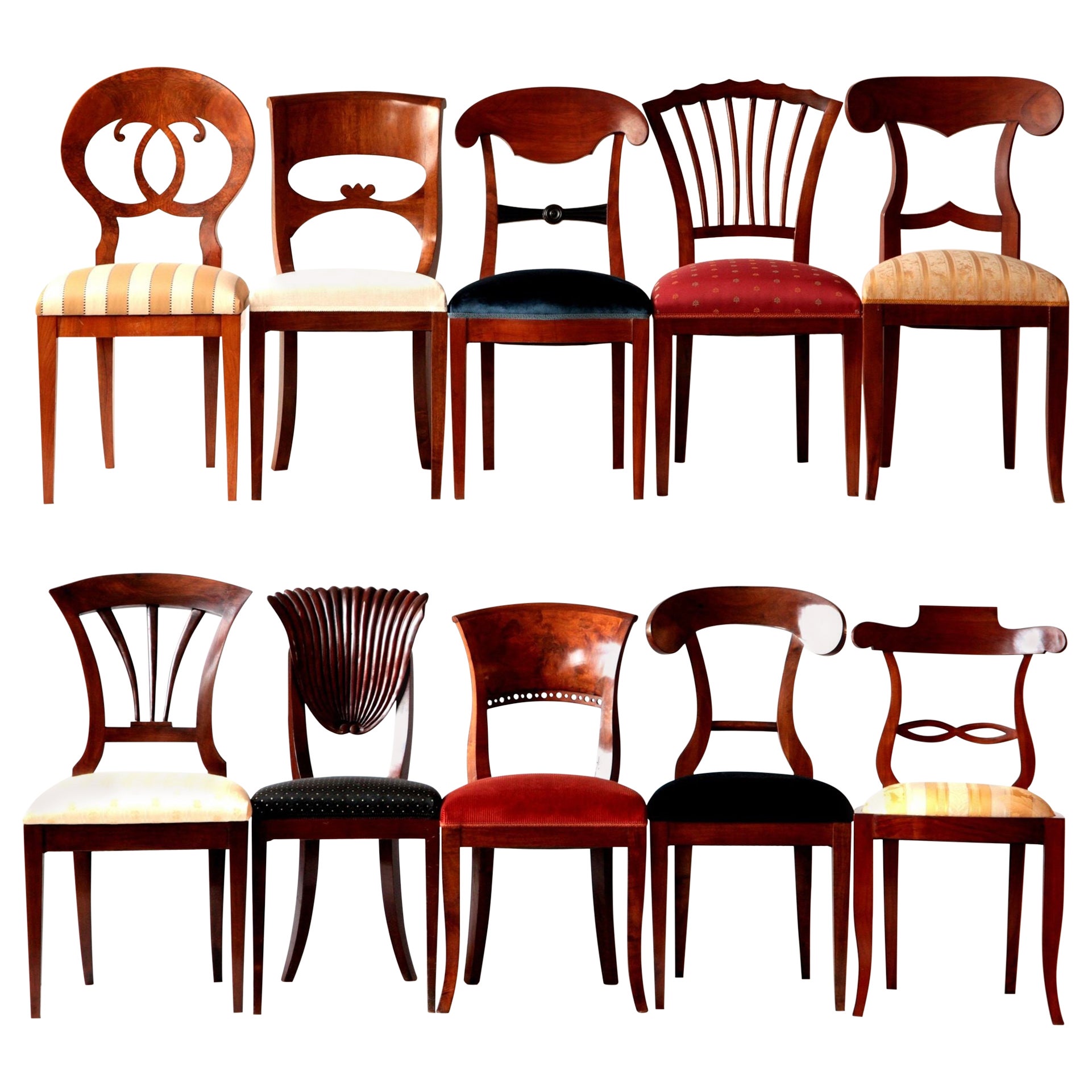 Biedermeier Eclectic Set, Unique, 10 Dining Chairs Each in Different Design