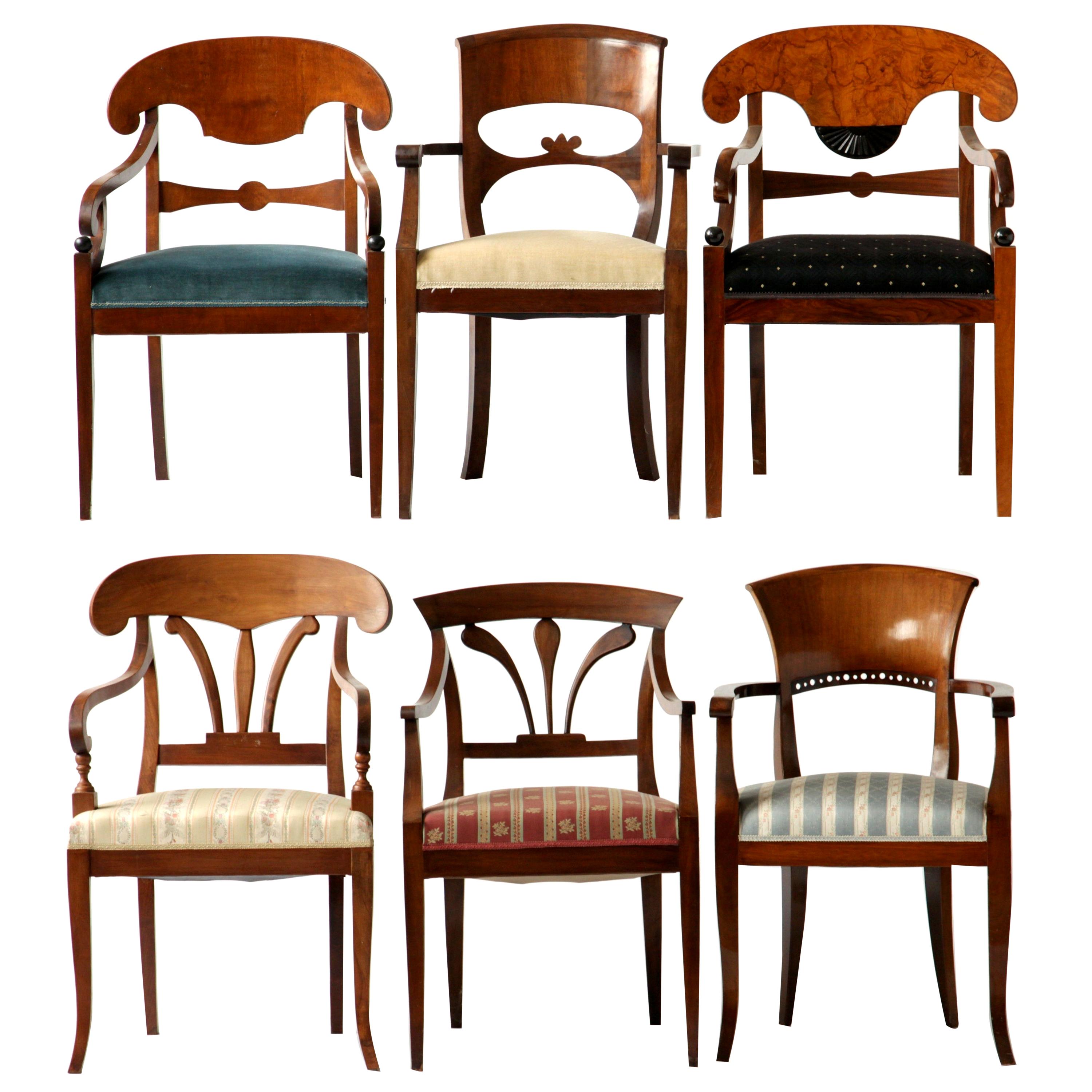 Biedermeier Eclectic Set, Unique Set of 6 Armchairs Each in Different Design