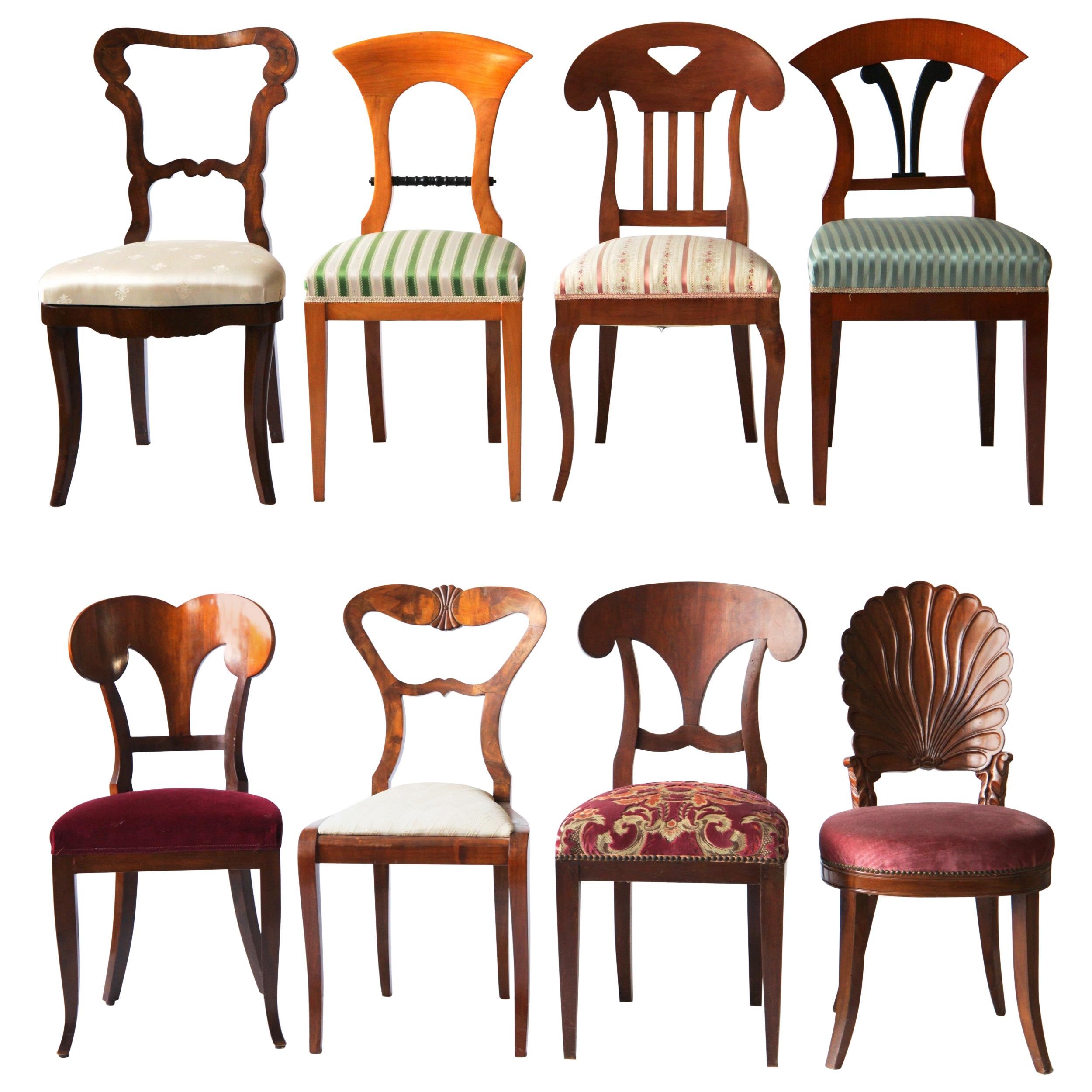 Biedermeier Eclectic Set, Unique Set of 8 Dining Chairs Each in Different Design
