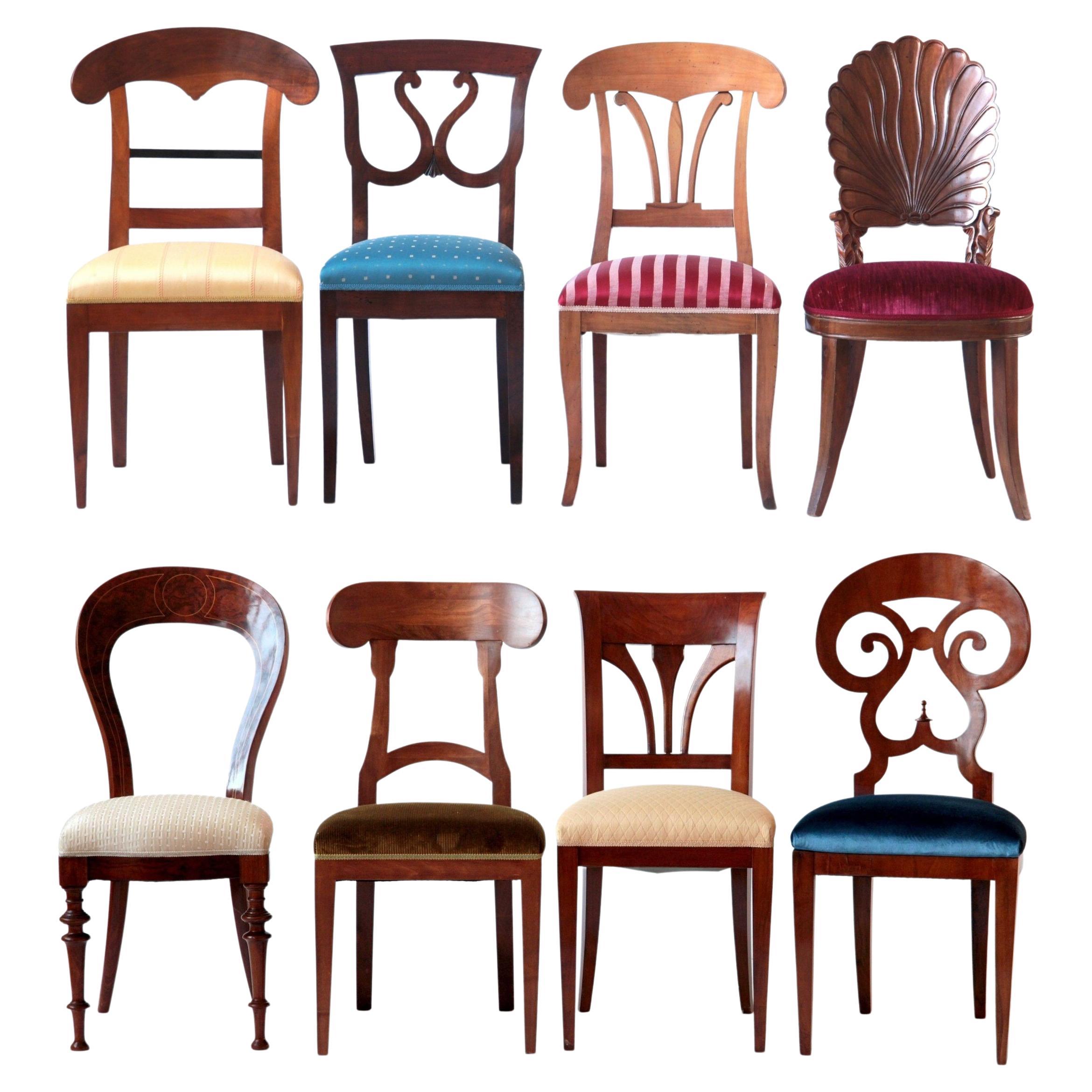 Biedermeier Eclectic Set, Unique Set of 8 Dining Chairs Each in Different Design