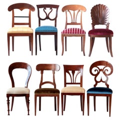 Ensemble éclectique Biedermeier, ensemble unique de 8 chaises de salle à manger, chacune au design différent
