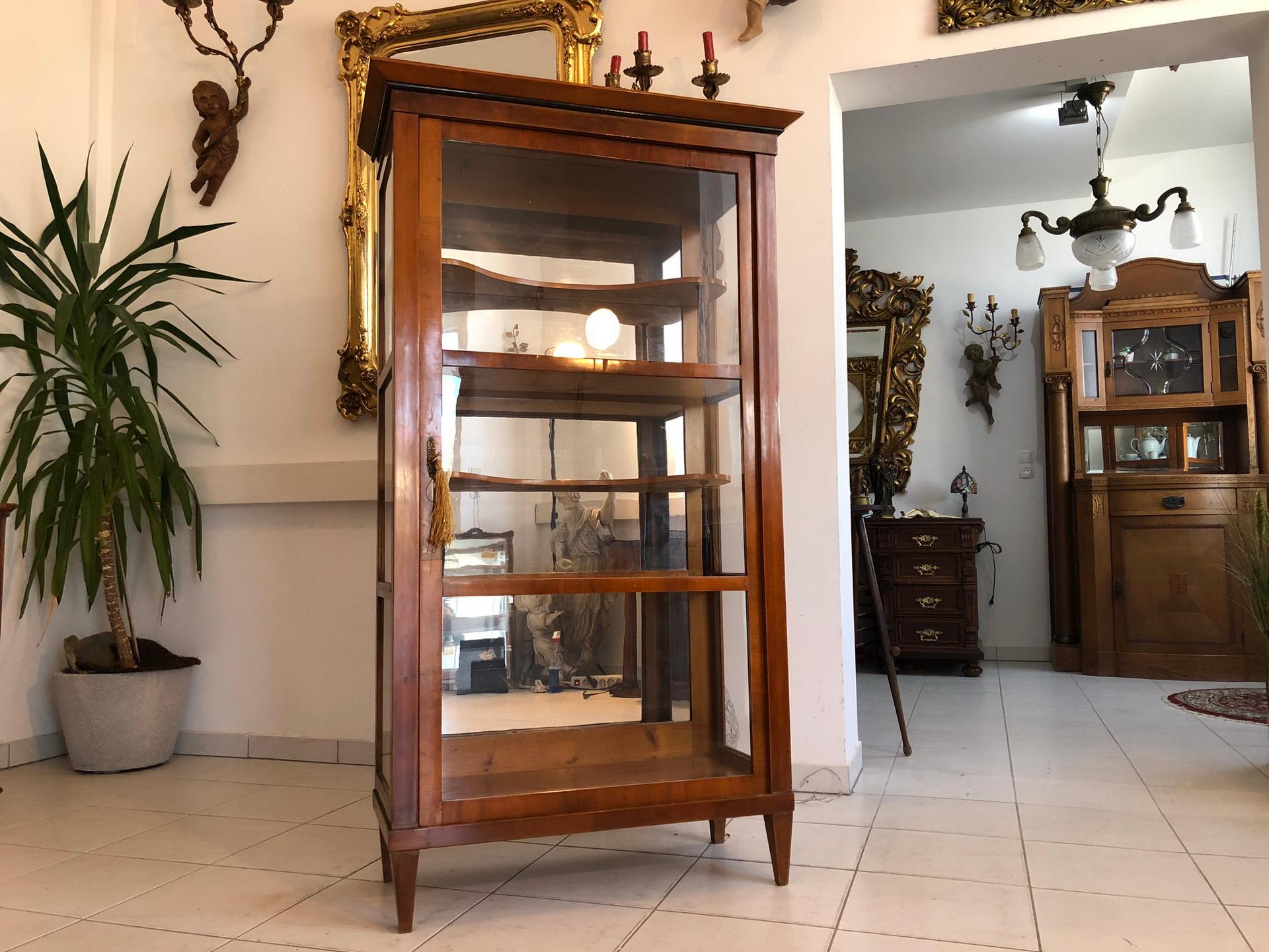 Elegant bookcase or collectors vitrine from the middle of the 19th century. This Biedermeier piece features glass panels all around as well as four shelves to showcase your collectors items or books. Offers a typical Biedermeier design with conical