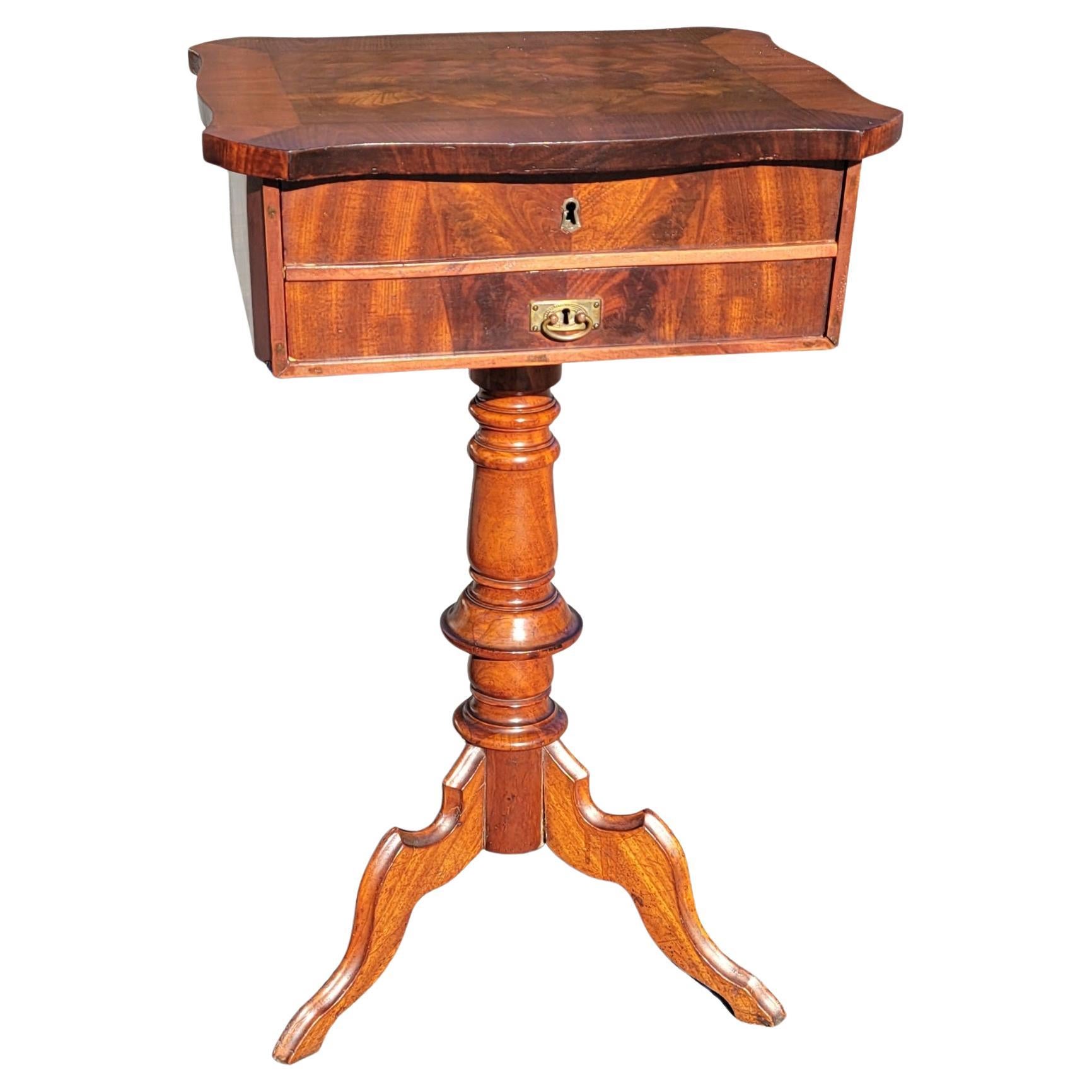 German Biedermeier Flame Mahogany Pedestal 2-Drawer Side Table / Sewing Table, C. 1840 For Sale