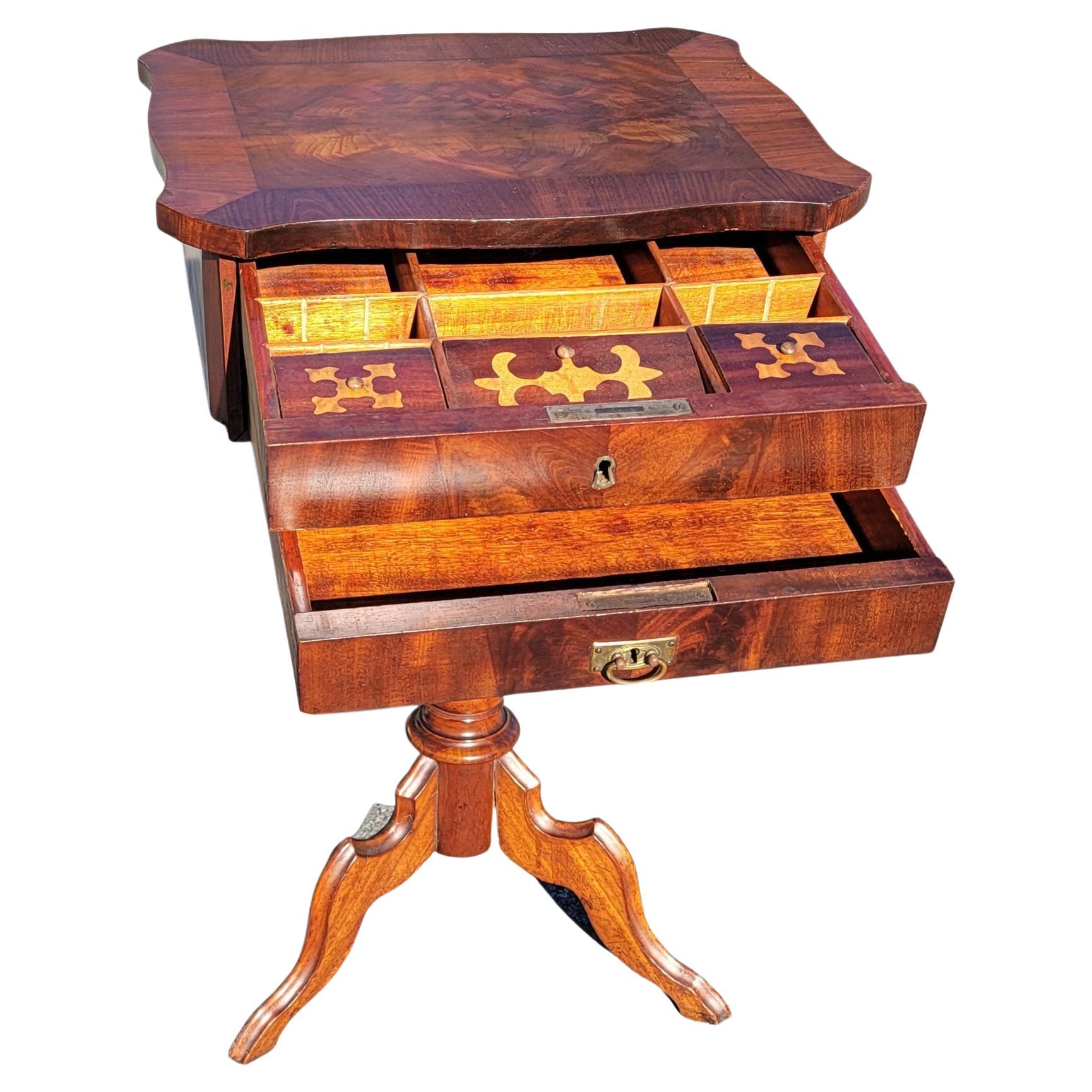 Veneer Biedermeier Flame Mahogany Pedestal 2-Drawer Side Table / Sewing Table, C. 1840 For Sale