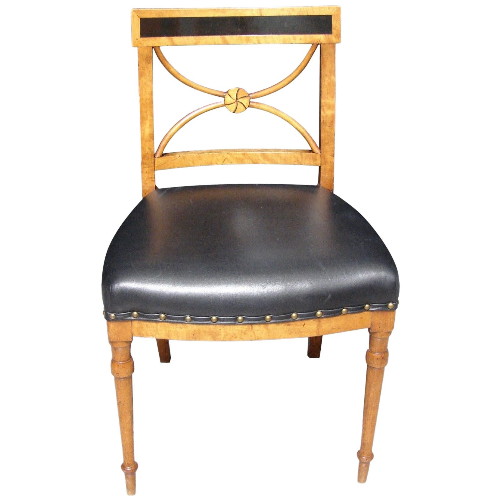 Biedermeier Fruitwood Side Chair with Ebonized Back and Black Leather Seat