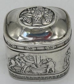 Biedermeier German .800 Silver Snuff Box Domed Lid and Repoussé Pastoral Scenes