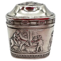 Biedermeier German .800 Silver Snuff Box Domed Lid and Repoussé Pastoral Scenes