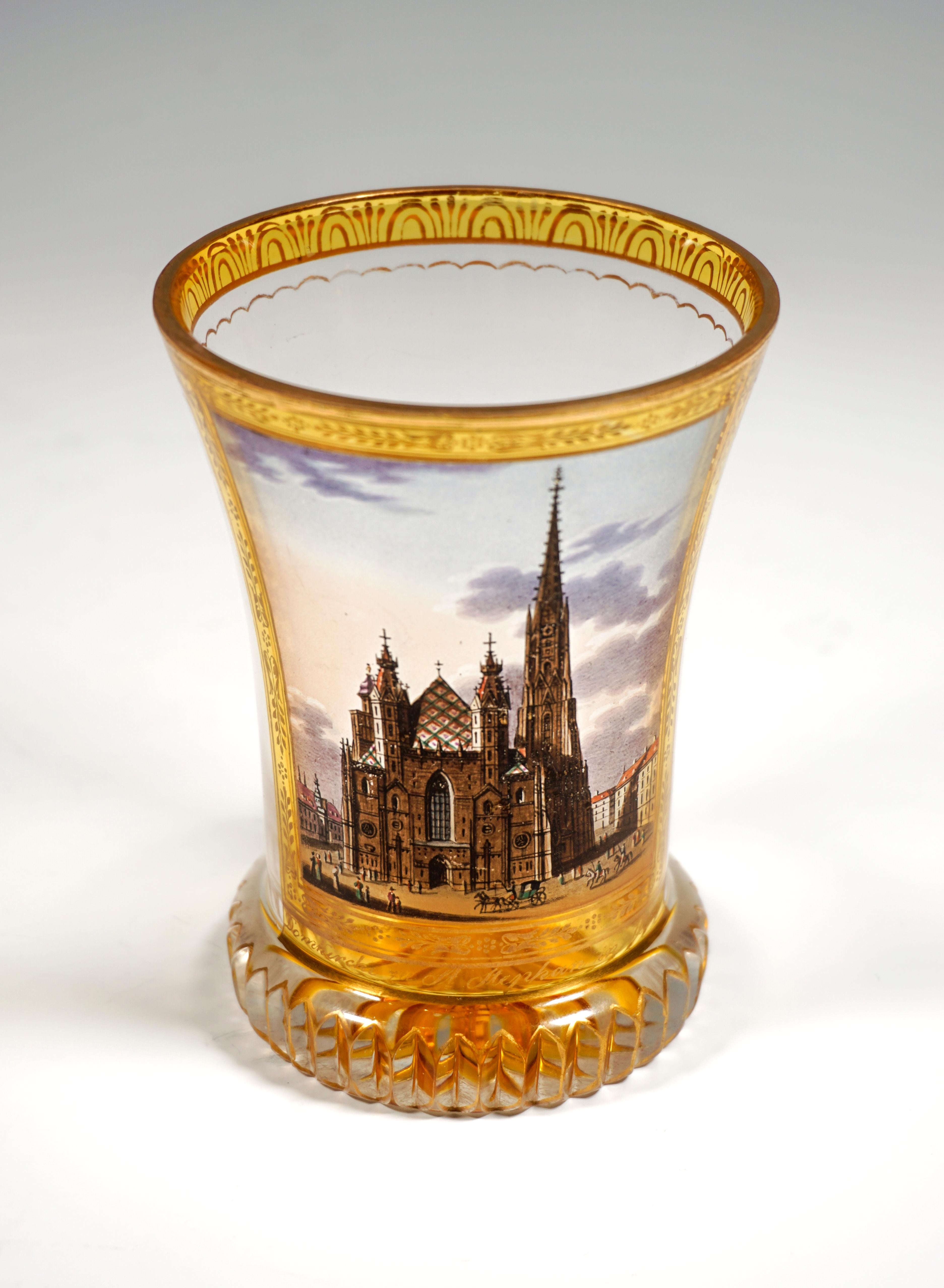 Colorless glass beaker with sweeping walls, large picture painting with an opaque, colorfully painted view of St. Stephen's Cathedral in Vienna with a silver-yellow stained frame with gold leaf border and inscription in gold 'Domkirche zu St.