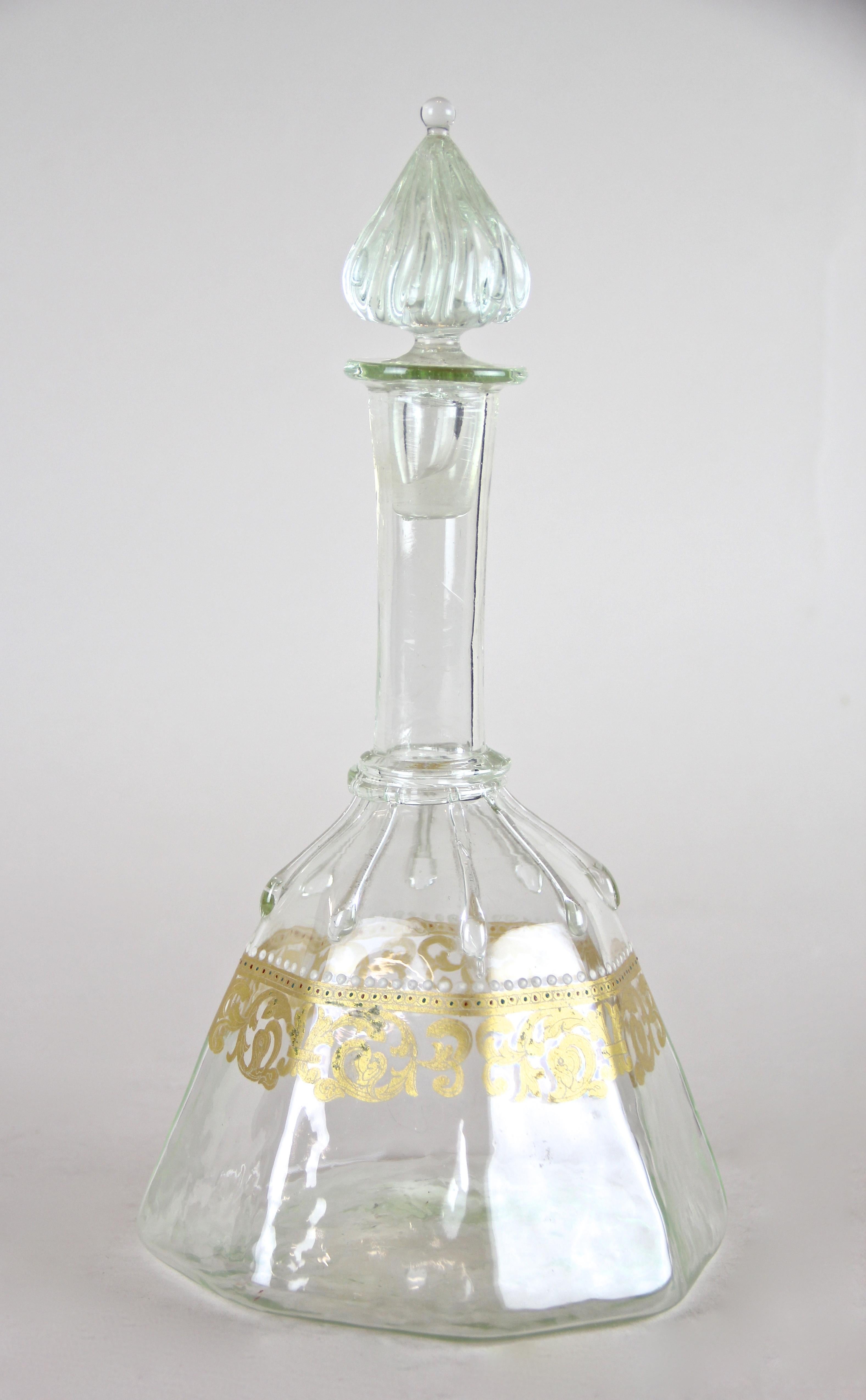 Austrian Biedermeier Glass Bottle with Lid Mouth Blown Enamel Painted, Austria circa 1850