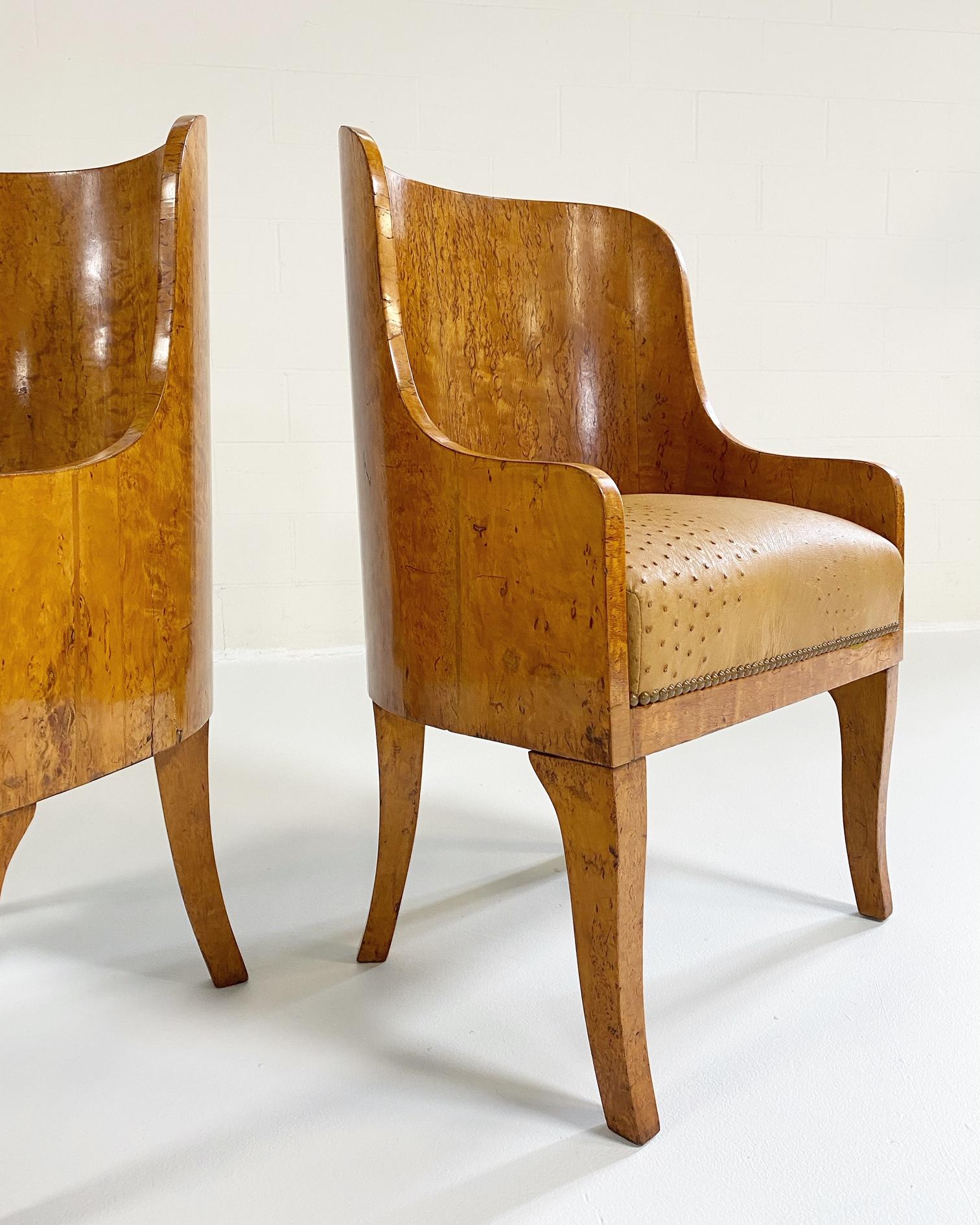 Biedermeier Gnarled Birch Armchairs in Ostrich Leather, Pair 2