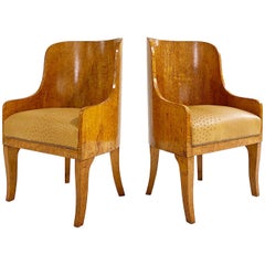 Biedermeier Gnarled Birch Armchairs in Ostrich Leather, Pair