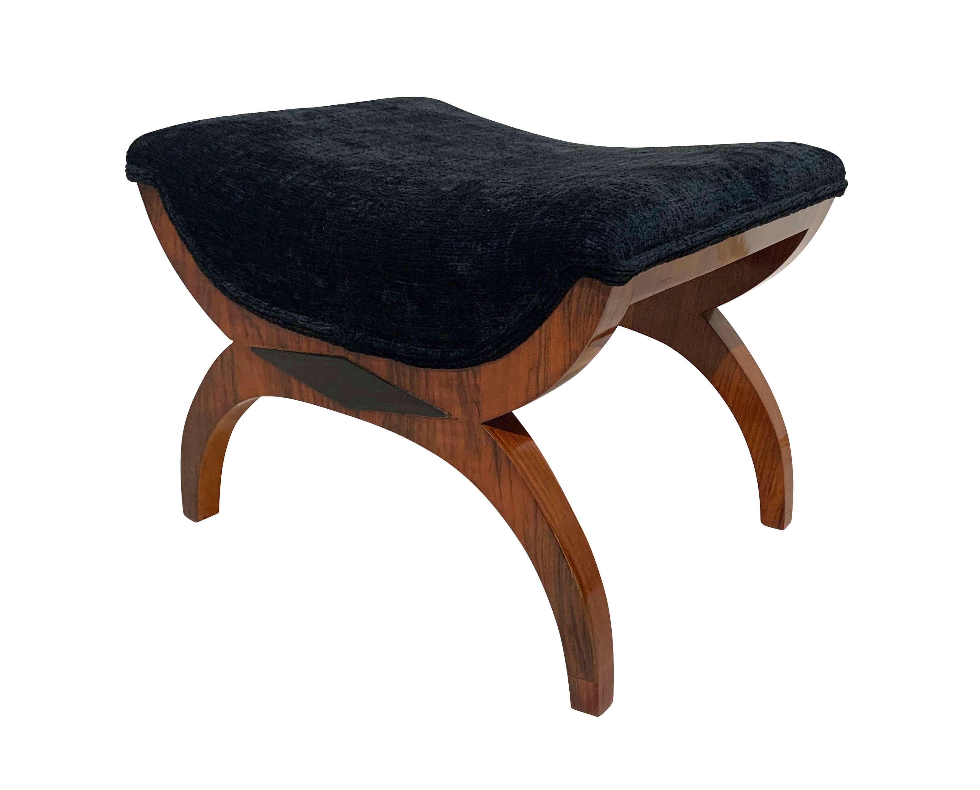 Ebonized Biedermeier Gondola Stool, Walnut, Black Velvet, South Germany circa 188