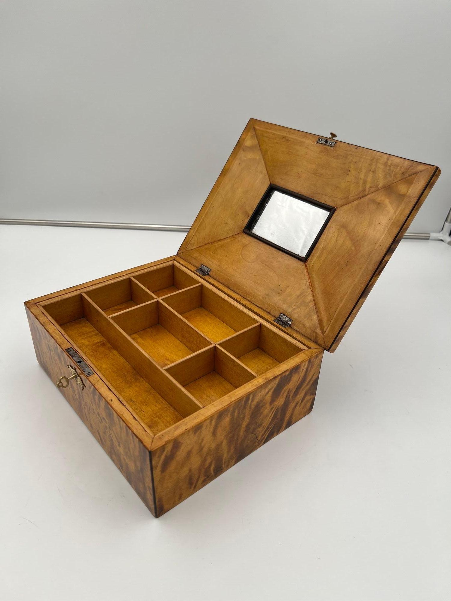 19th Century Biedermeier Jewelry Box, Flamed Birch, Maple, Ebony, Austria circa 1820 For Sale