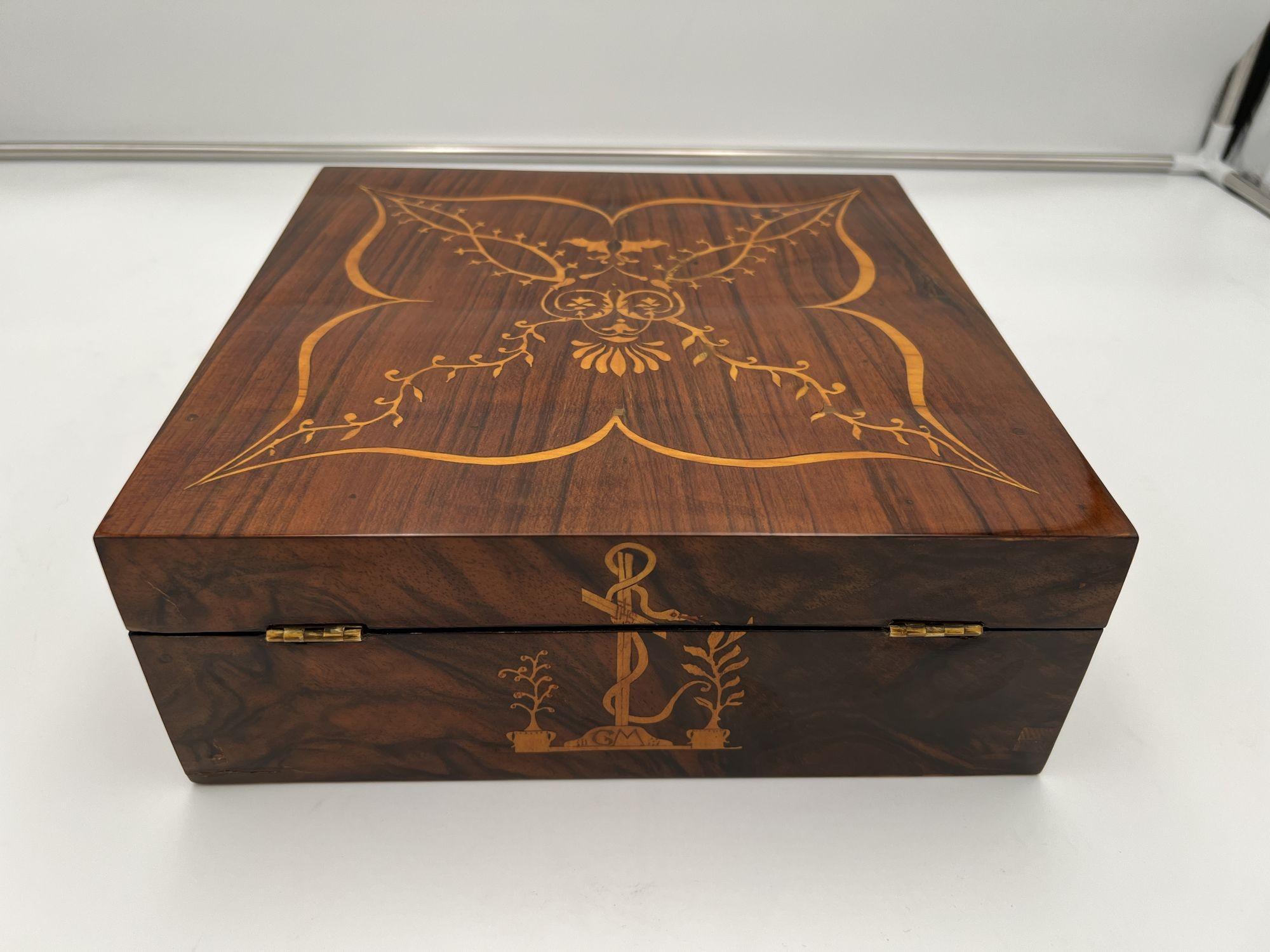 Brass Biedermeier Jewelry Box, Walnut with Maple Inlays, Vienna, Austria circa 1830