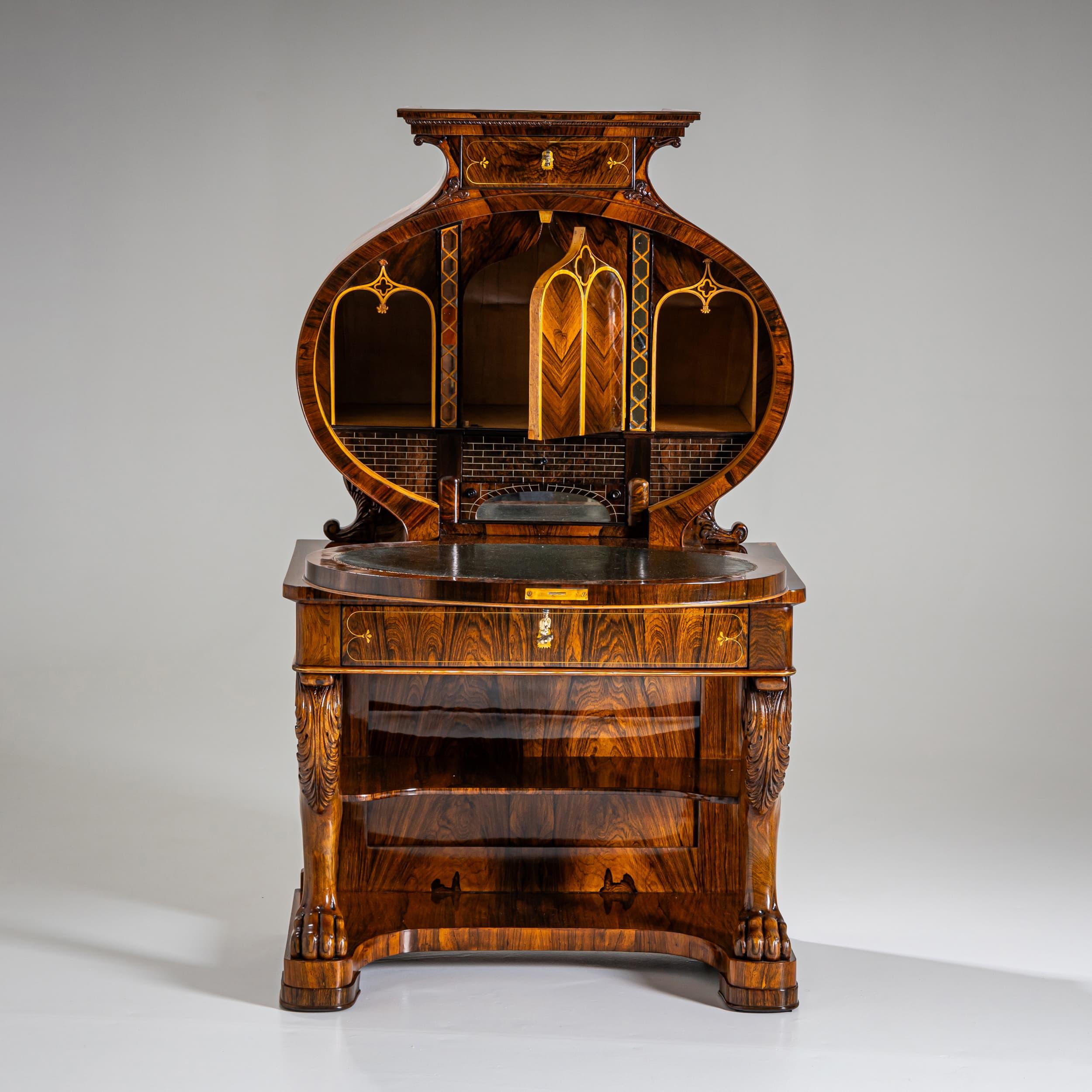 Biedermeier Lyra-Sekretärschreibtisch, um 1830 im Zustand „Gut“ im Angebot in Greding, DE