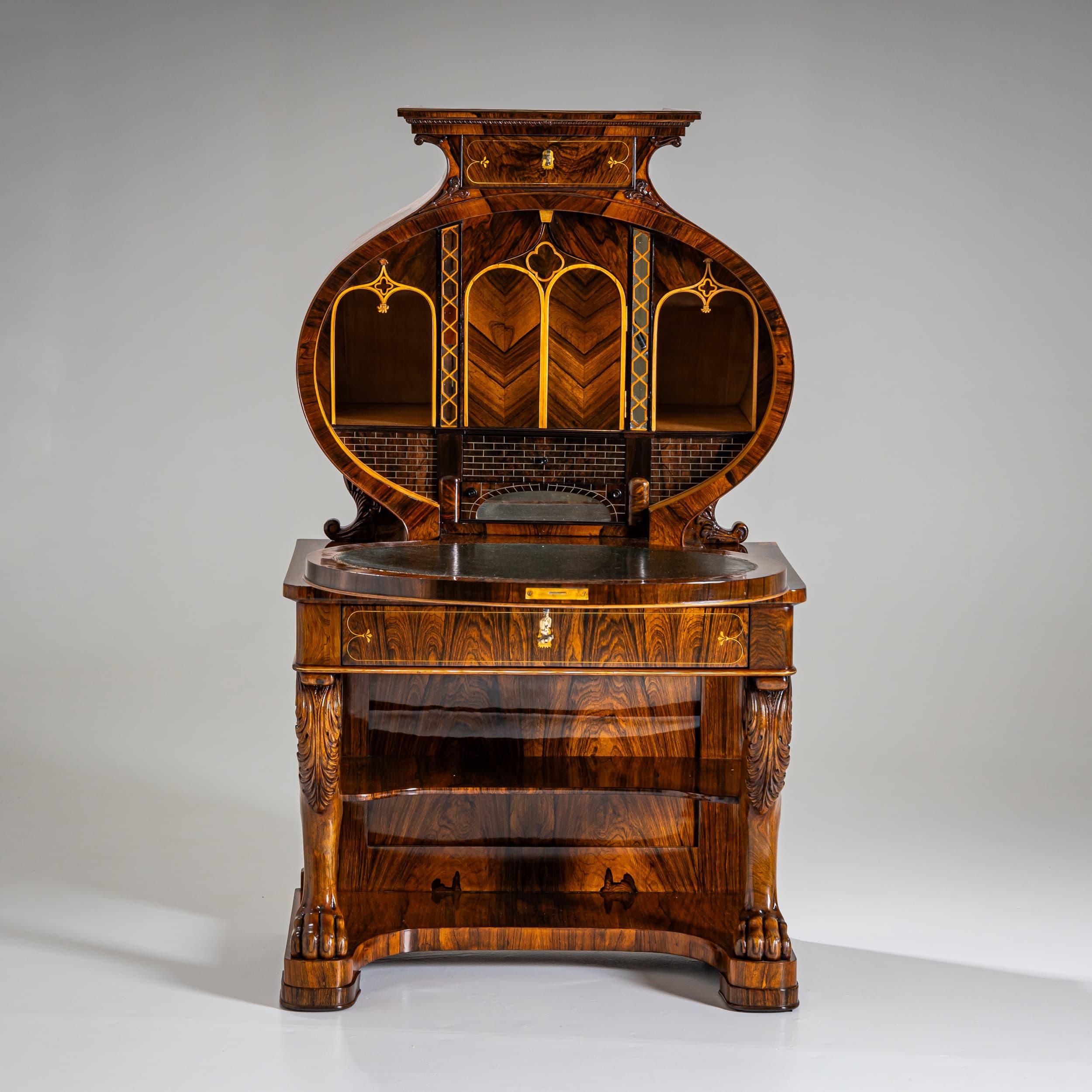 Biedermeier Lyra-Sekretärschreibtisch, um 1830 (Mittleres 19. Jahrhundert) im Angebot