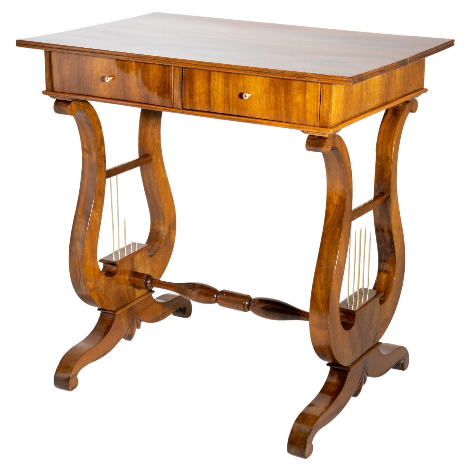 Biedermeier Table with Lyre Décor, Walnut Veneer, Germany circa 1820