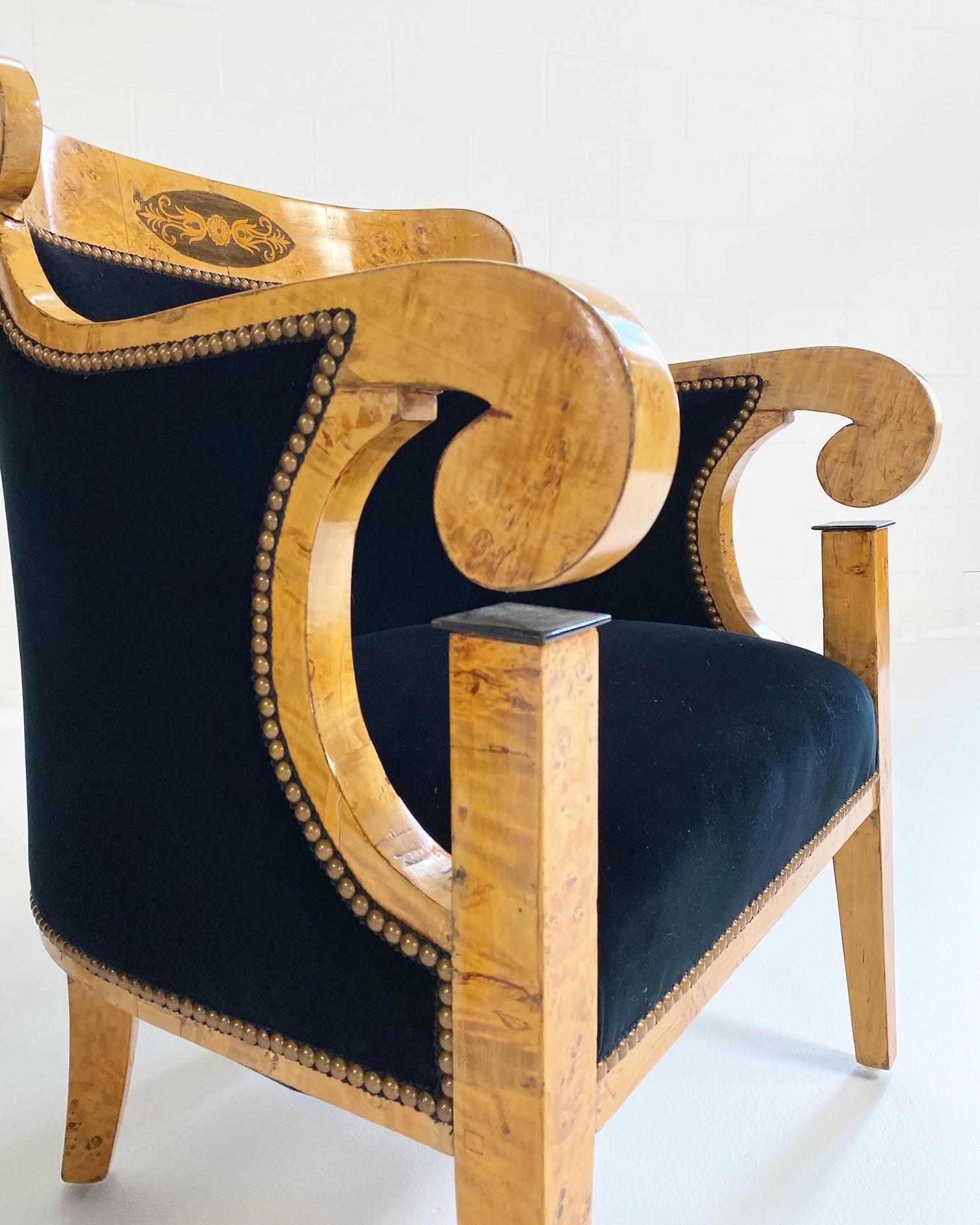 Biedermeier Marquetry Armchairs in Rose Uniacke Velvet, Pair For Sale 5