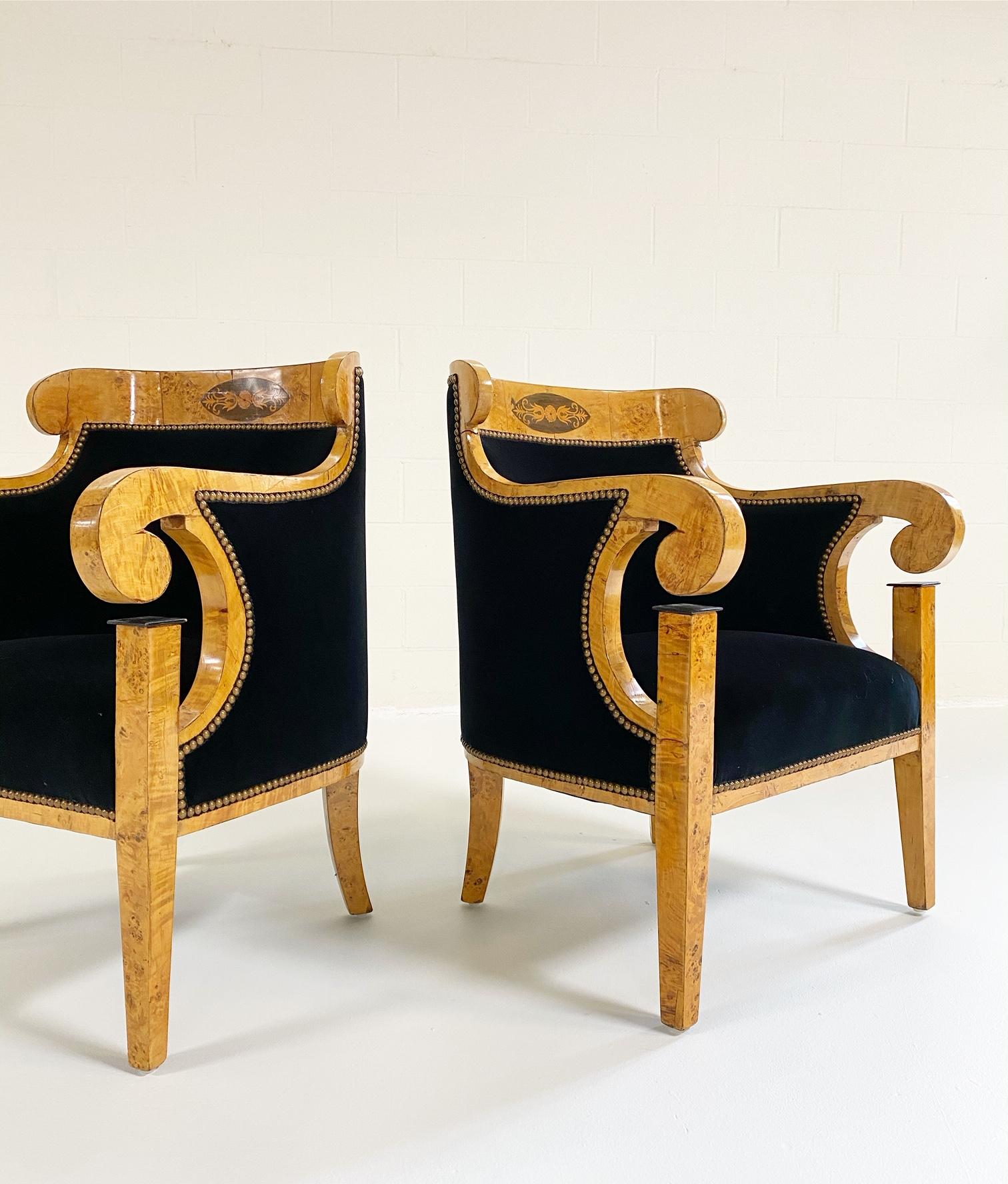 Biedermeier Marquetry Armchairs in Rose Uniacke Velvet, Pair For Sale 6