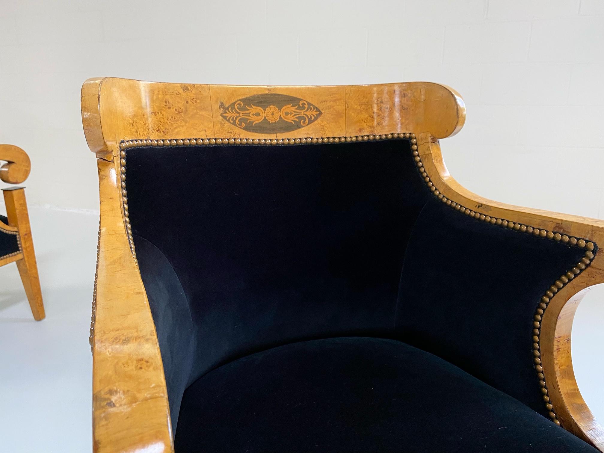 European Biedermeier Marquetry Armchairs in Rose Uniacke Velvet, Pair For Sale