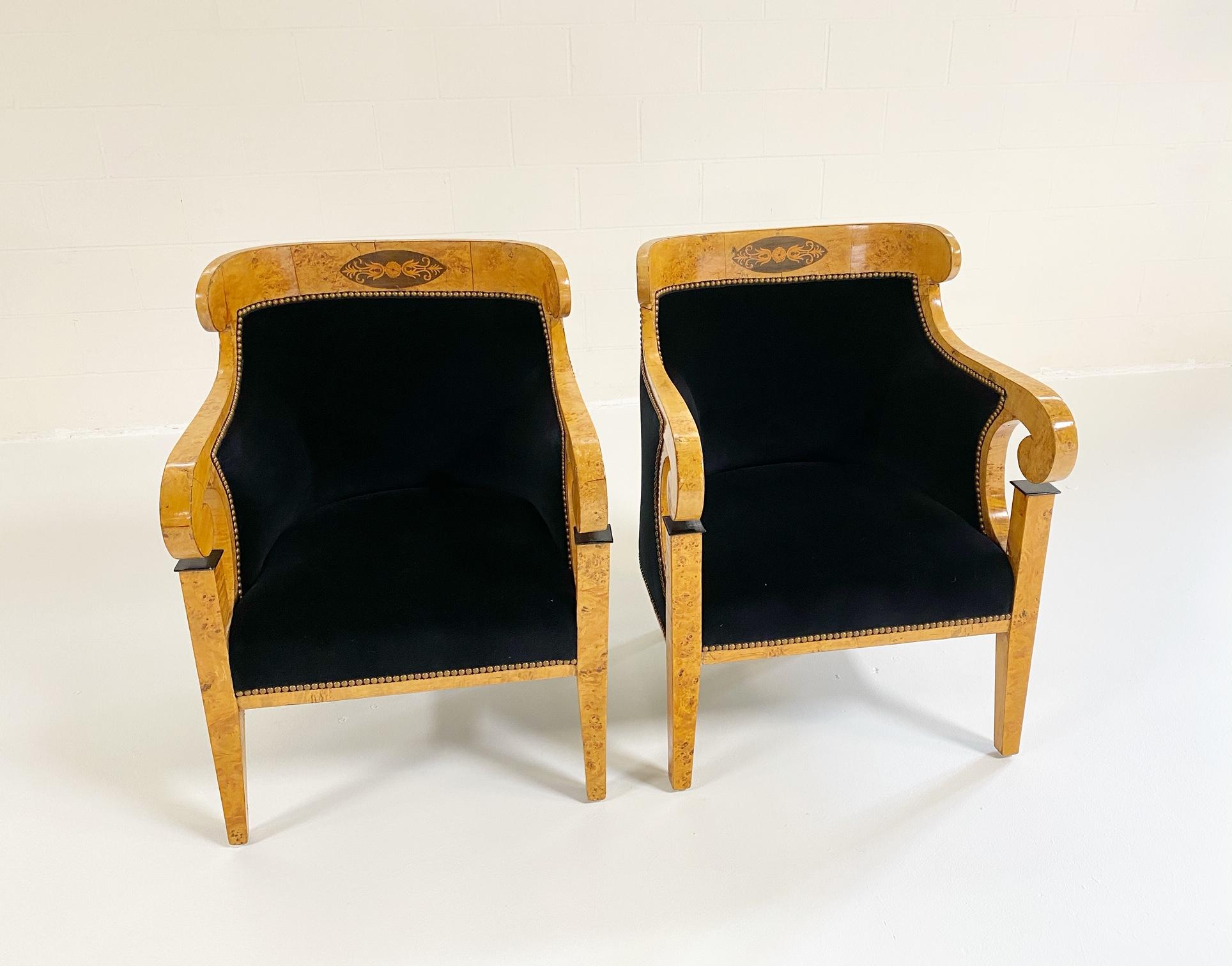 Biedermeier Marquetry Armchairs in Rose Uniacke Velvet, Pair In Good Condition For Sale In SAINT LOUIS, MO