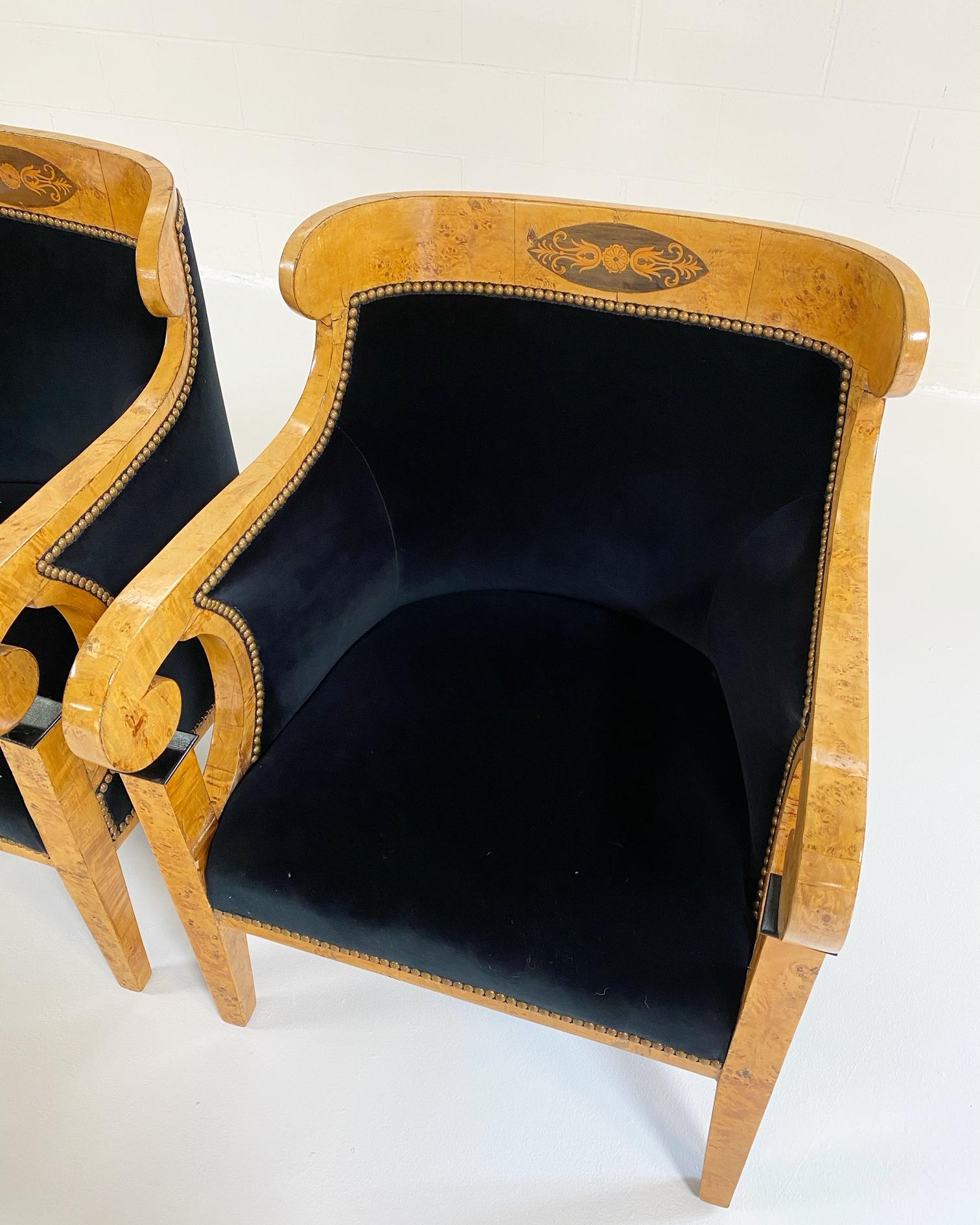 Biedermeier Marquetry Armchairs in Rose Uniacke Velvet, Pair For Sale 1