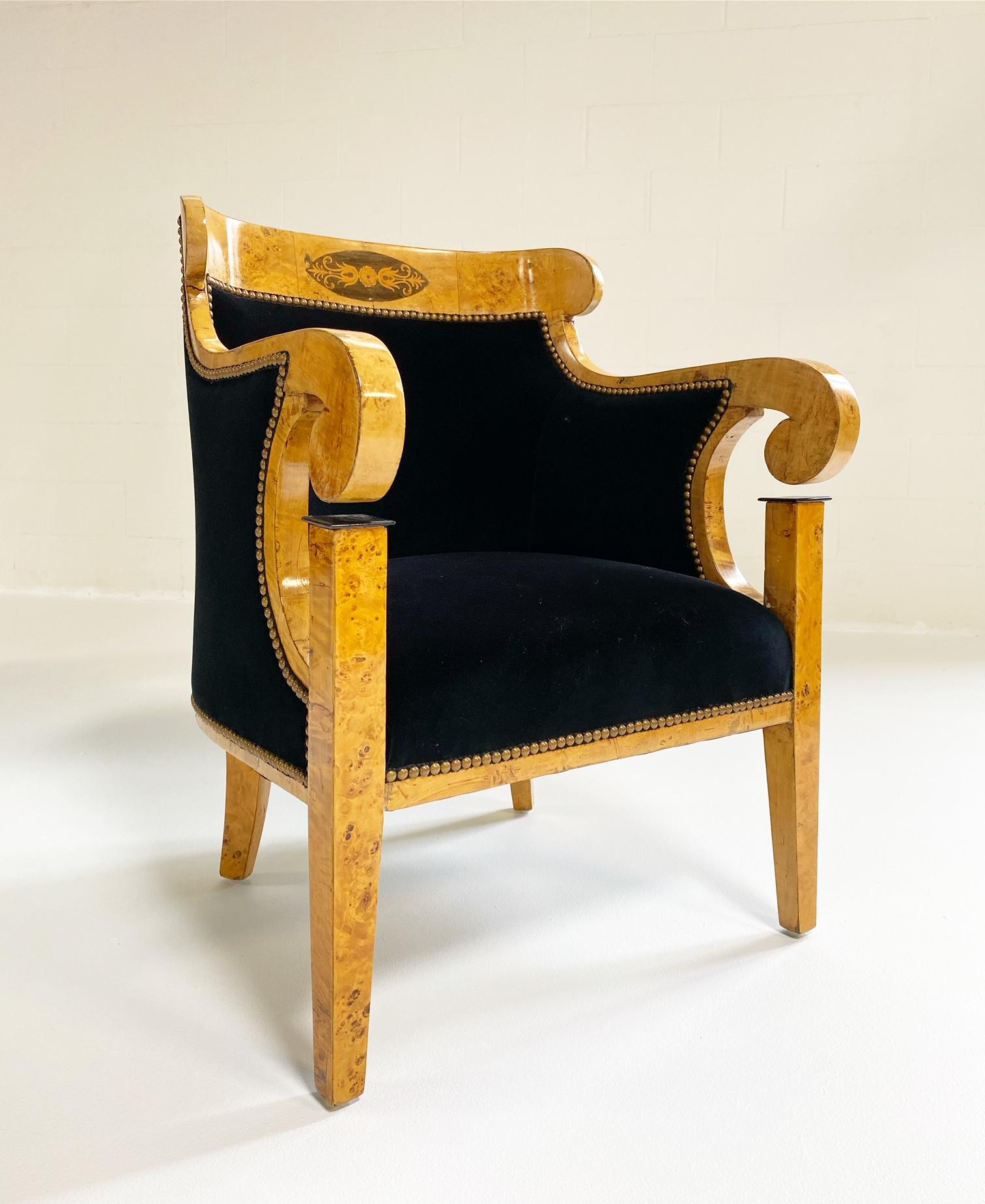 Biedermeier Marquetry Armchairs in Rose Uniacke Velvet, Pair For Sale 2