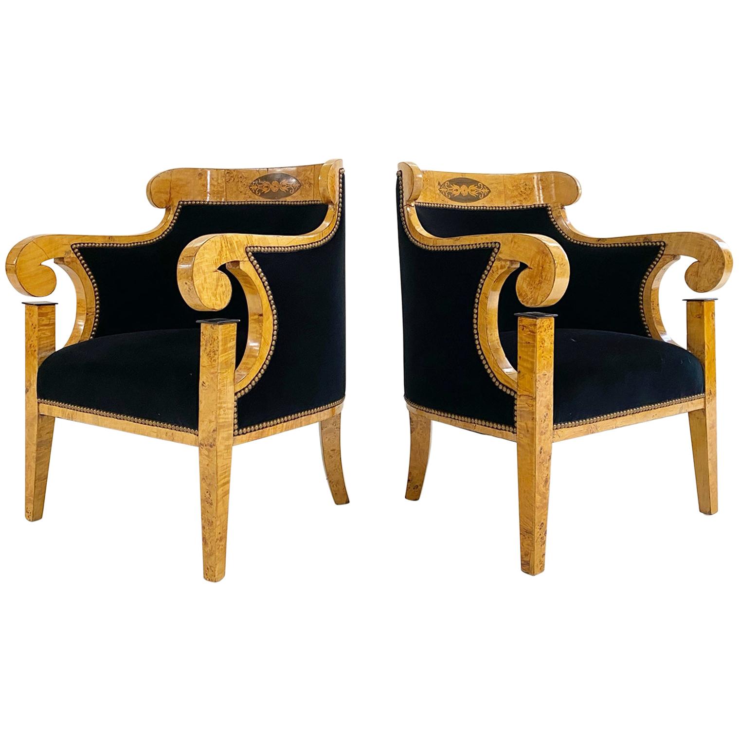 Biedermeier Marquetry Armchairs in Rose Uniacke Velvet, Pair For Sale