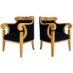 Biedermeier Marquetry Armchairs in Rose Uniacke Velvet, Pair