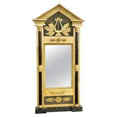 Antique Biedermeier Mirror, Birch, Blackened Wood And Golden Stucco, circa 1920