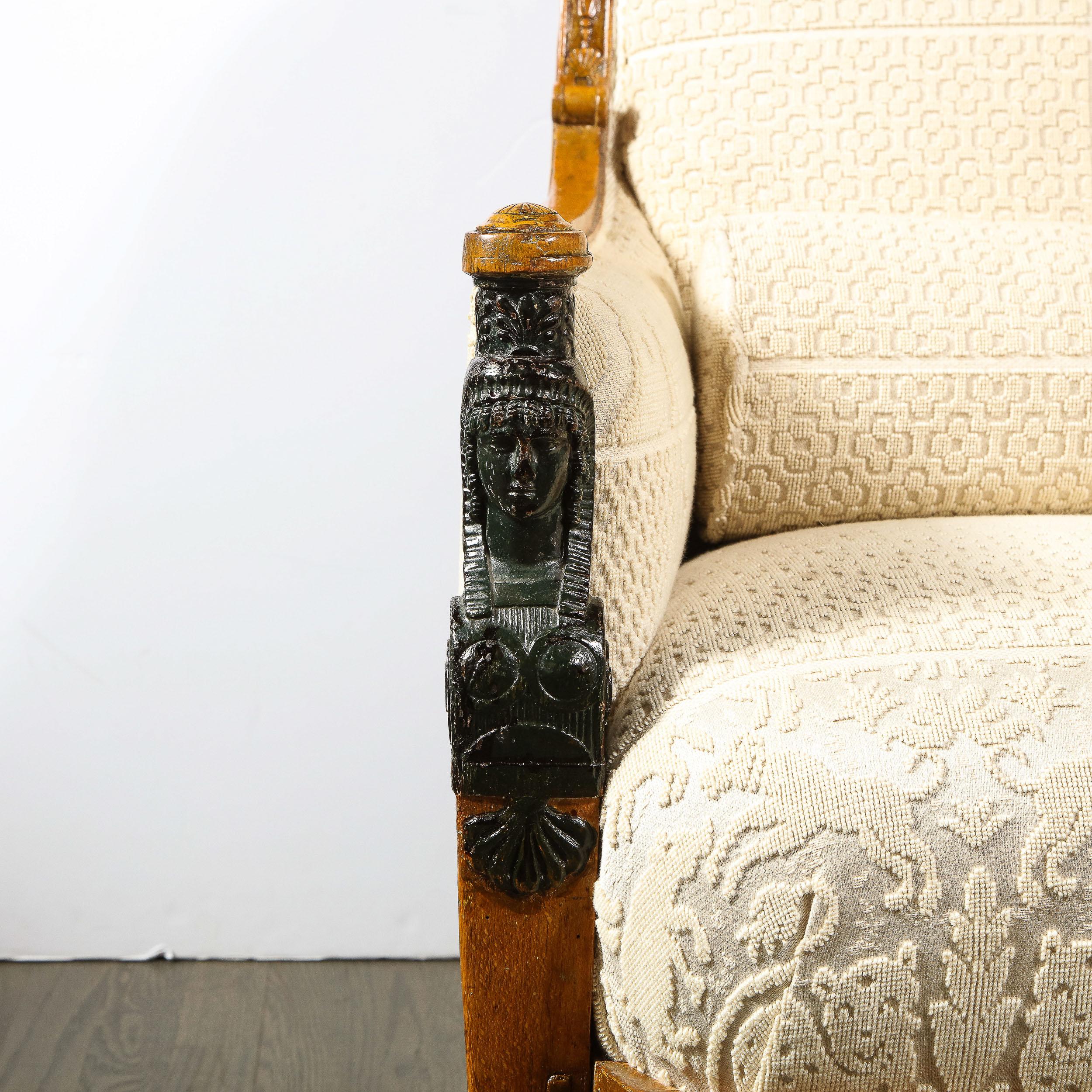 Hand-Carved Biedermeier Neoclassical Settee with Scroll Form Back & Saber Leg Supports For Sale